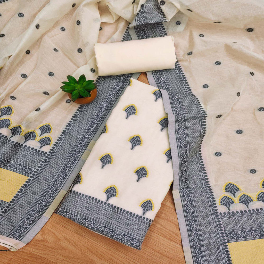 Offwhite & Grey Floral Woven Chanderi Dress Material