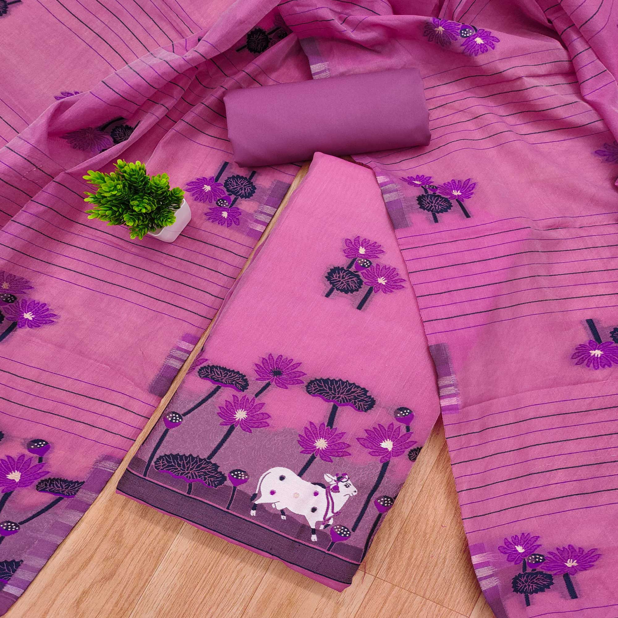 Pink Cotton Blend Dress Material With Intricate Floral Zari Weaving Detail