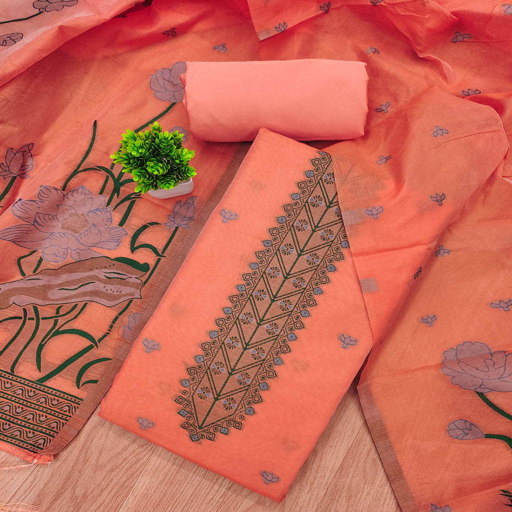 Peach Ethnic Dress Material Showcasing Handloom Style Floral Zari Weaving