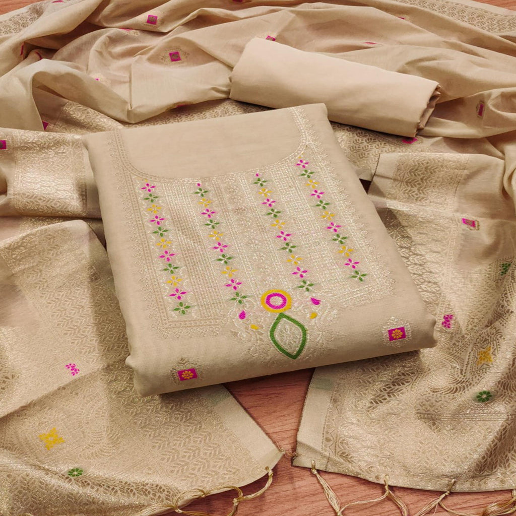 Chikoo Floral Woven Chanderi Dress Material