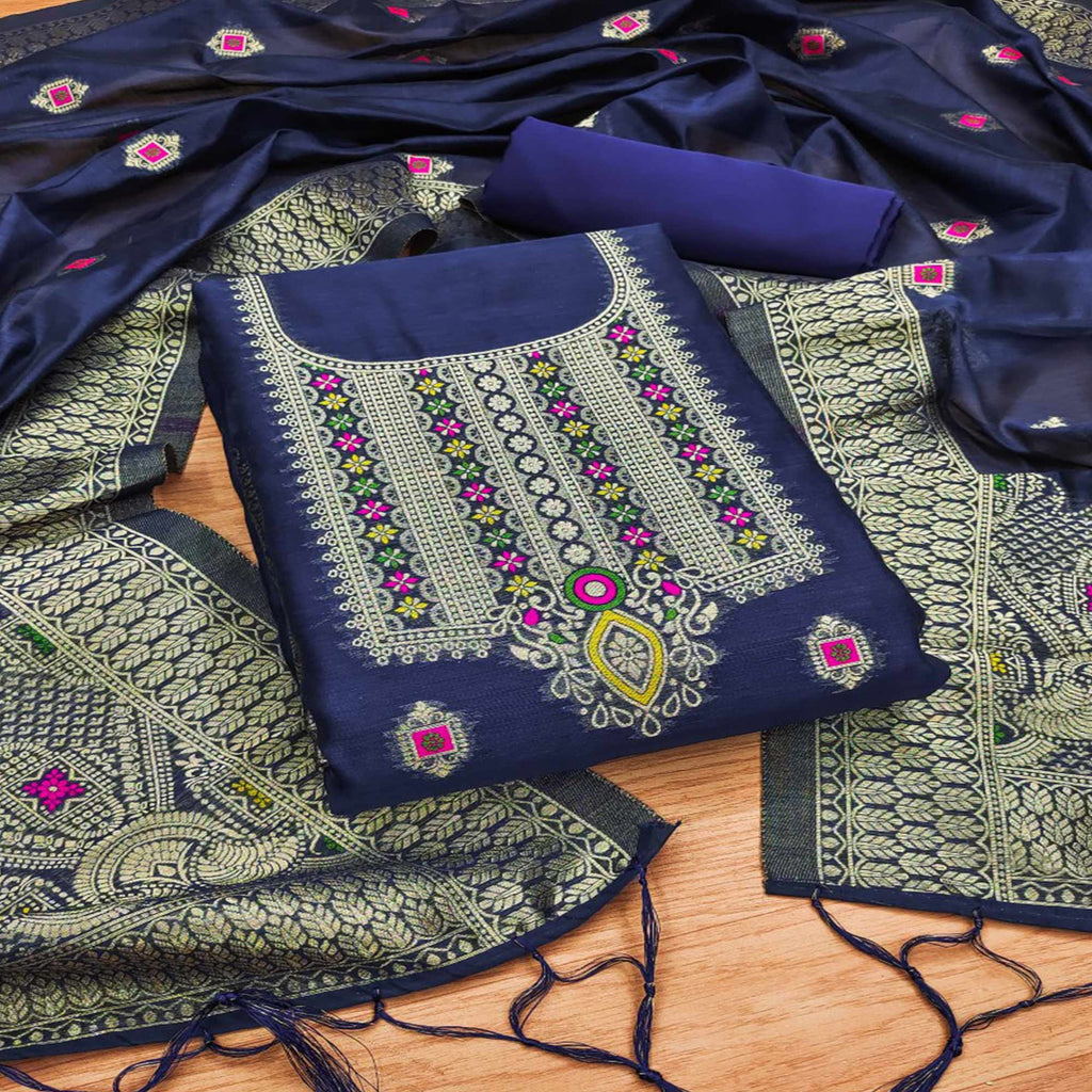 Navy Blue Floral Woven Chanderi Dress Material