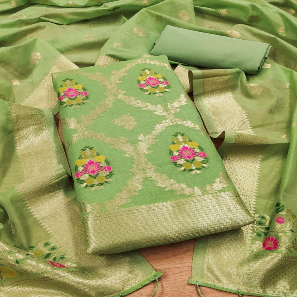 Light Green Floral Woven Chanderi Dress Material