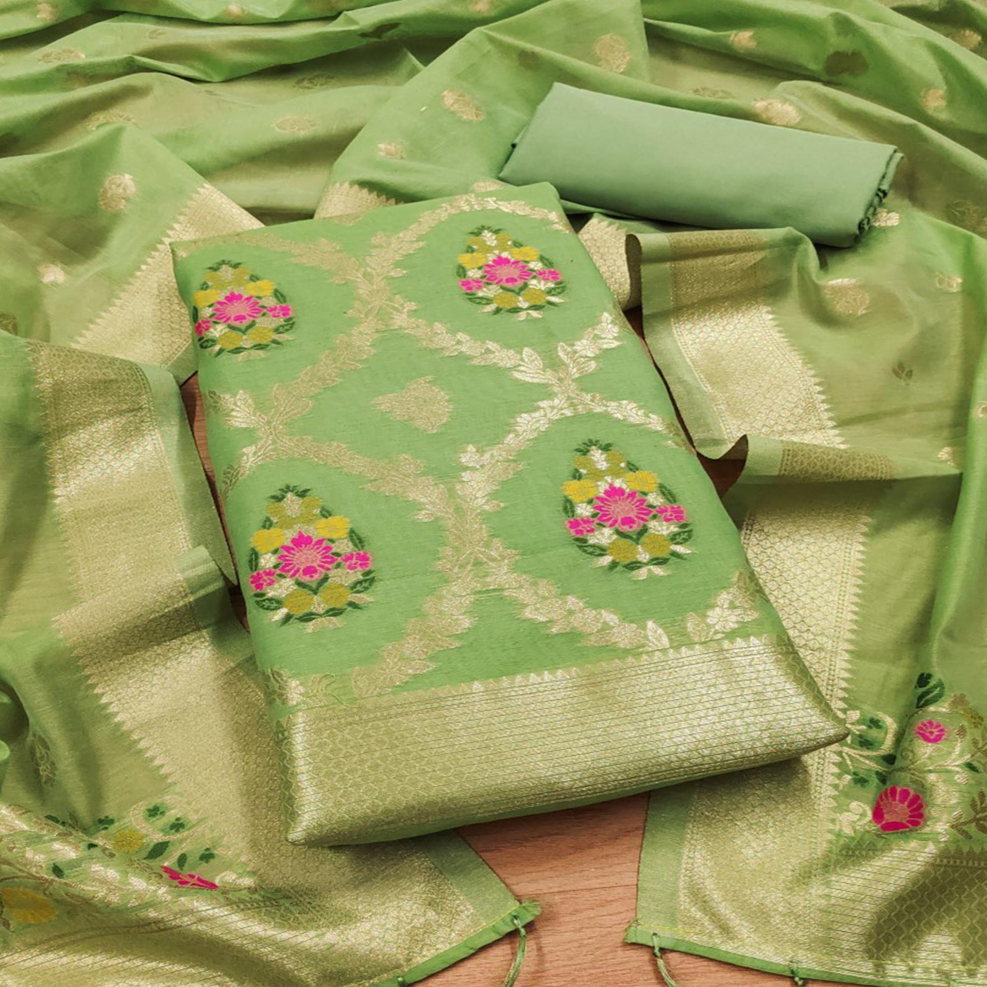 Light Green Floral Woven Chanderi Dress Material
