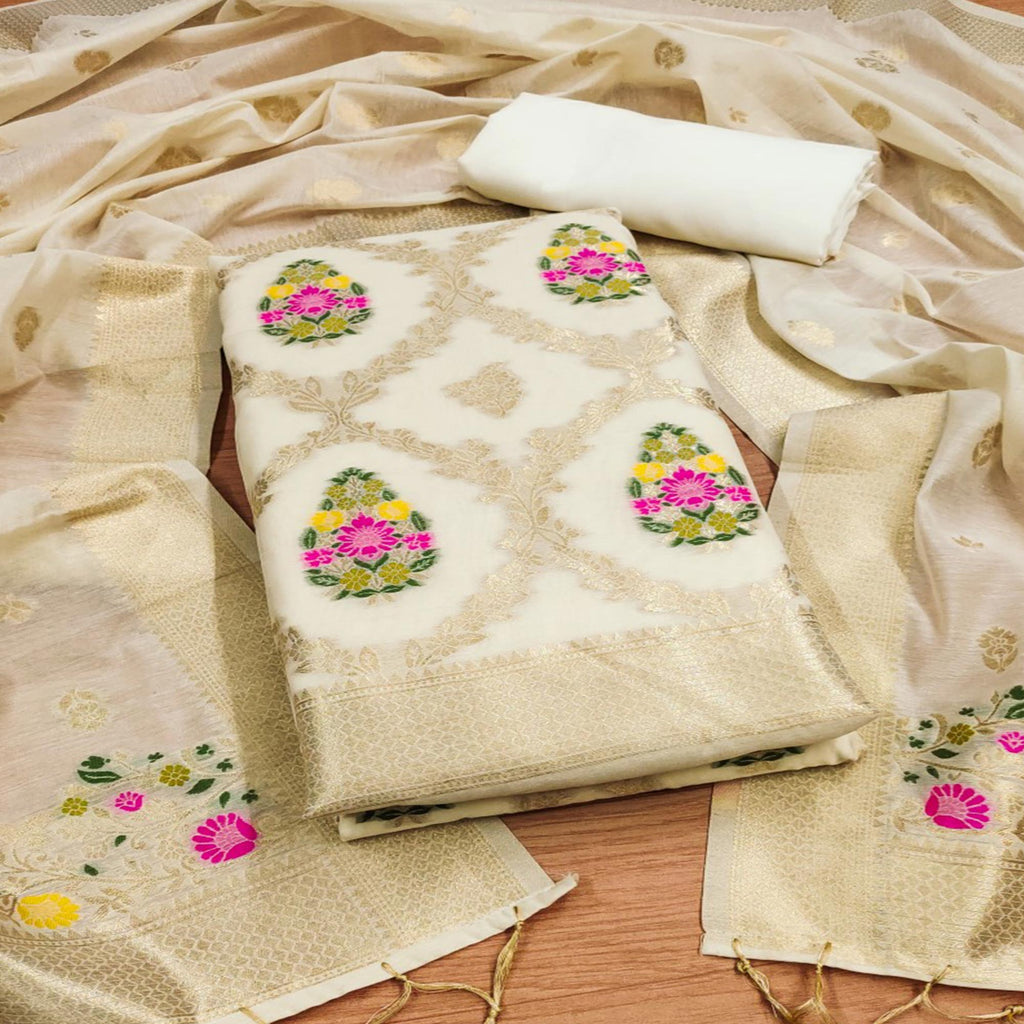 Off White Floral Woven Chanderi Dress Material