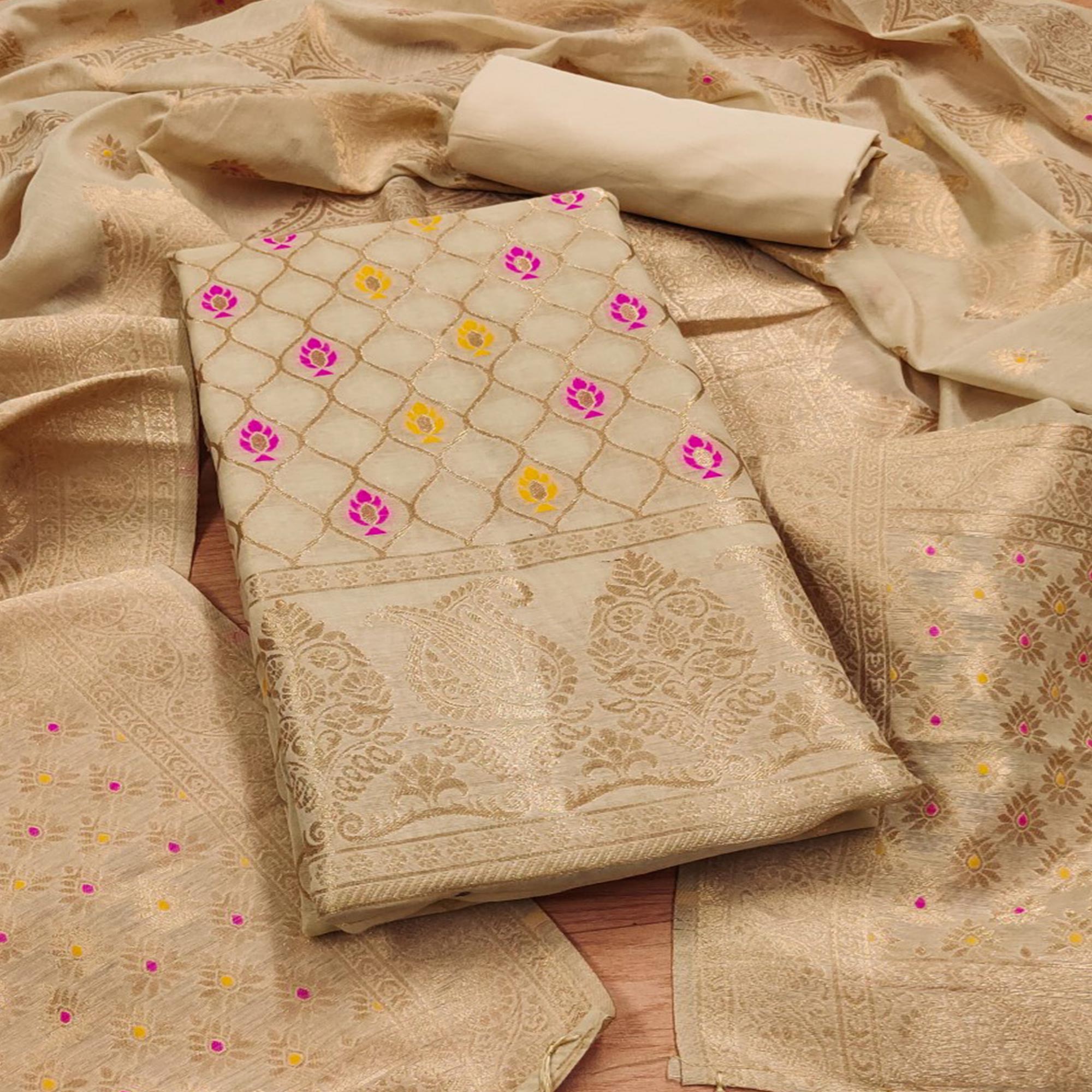 Chikoo Woven Chanderi Dress Material