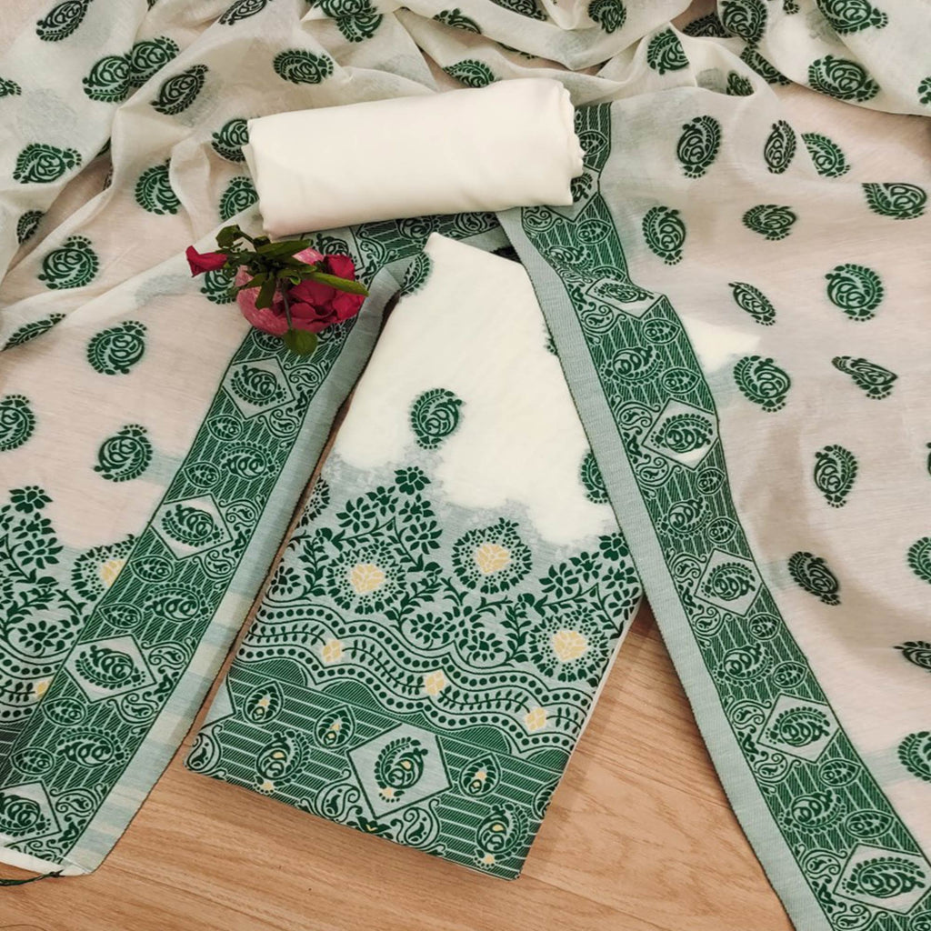 Offwhite & Green Floral Woven Chanderi Dress Material