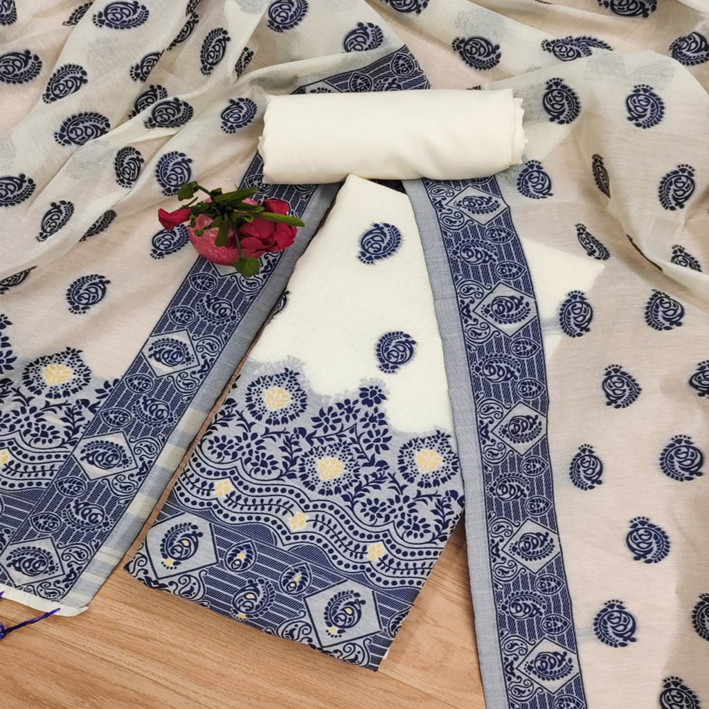 Offwhite & Navy Blue Floral Woven Chanderi Dress Material