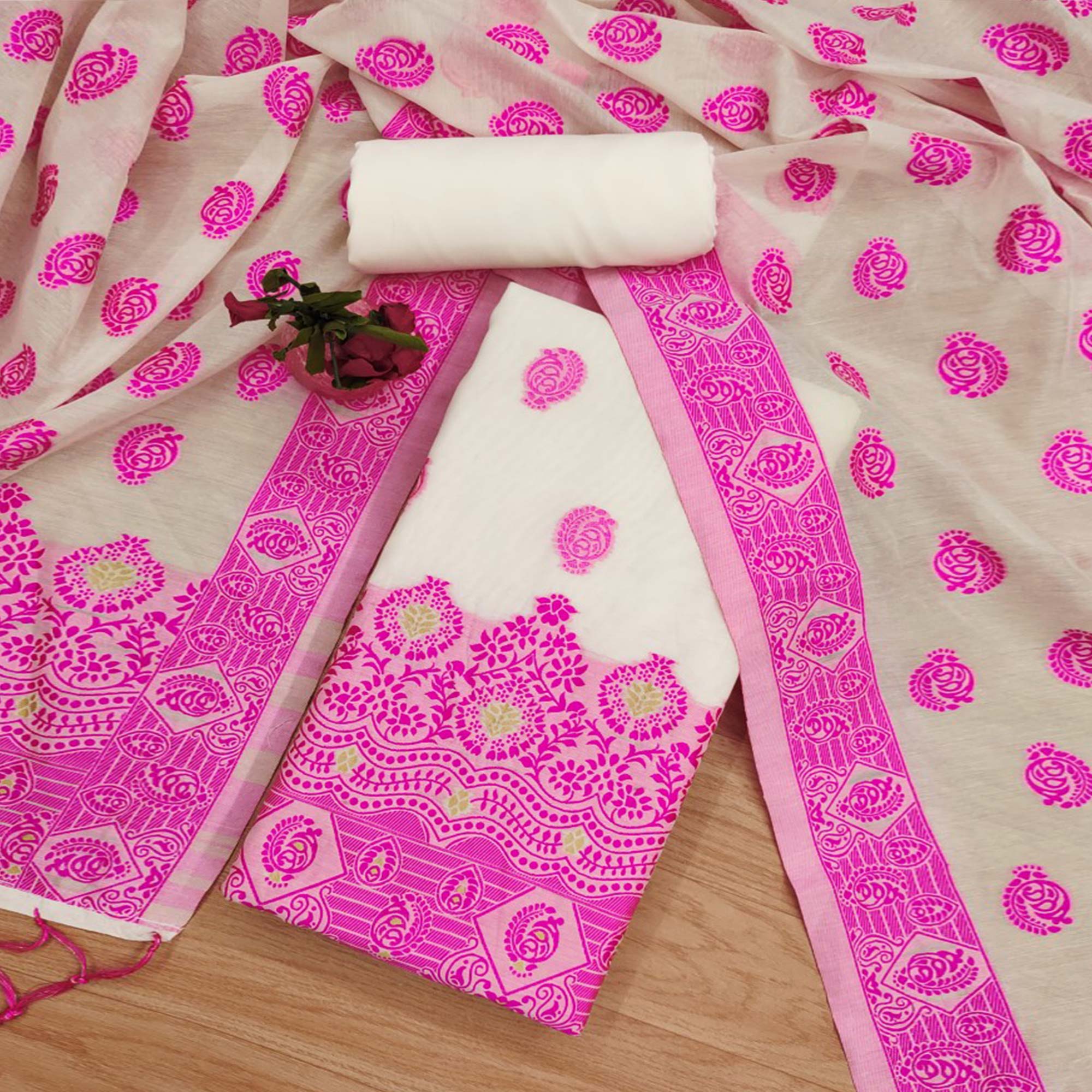 Offwhite & Pink Floral Woven Chanderi Dress Material