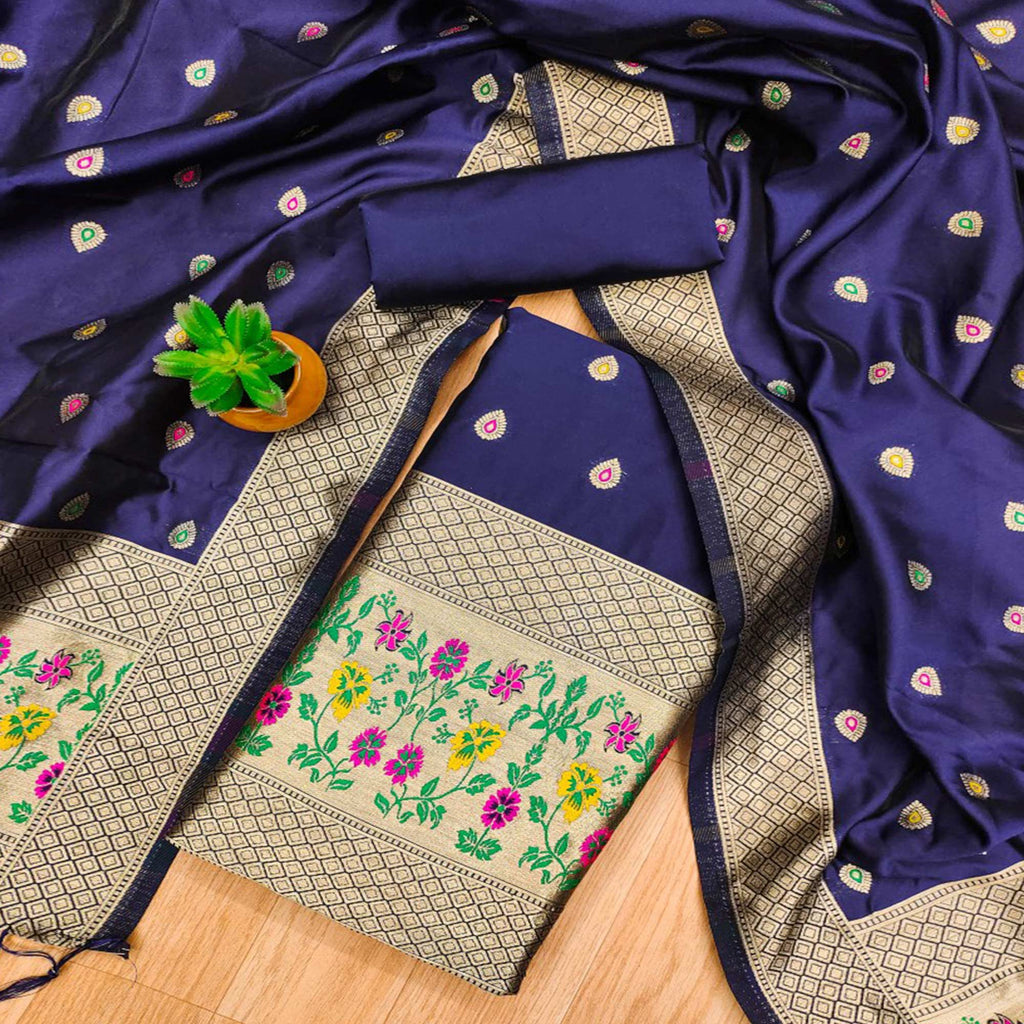 Navy Blue Floral Zari Woven Banarasi Silk Dress Material