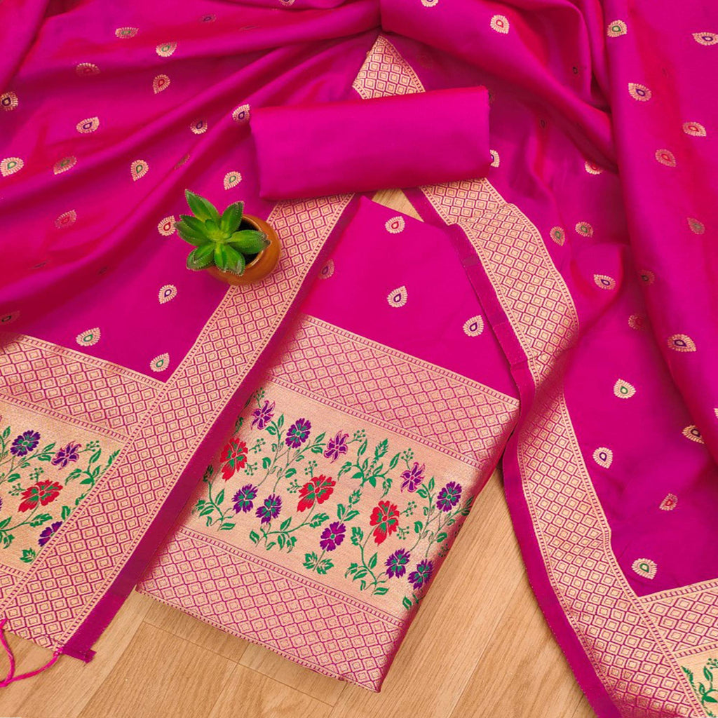 Pink Floral Zari Woven Banarasi Silk Dress Material
