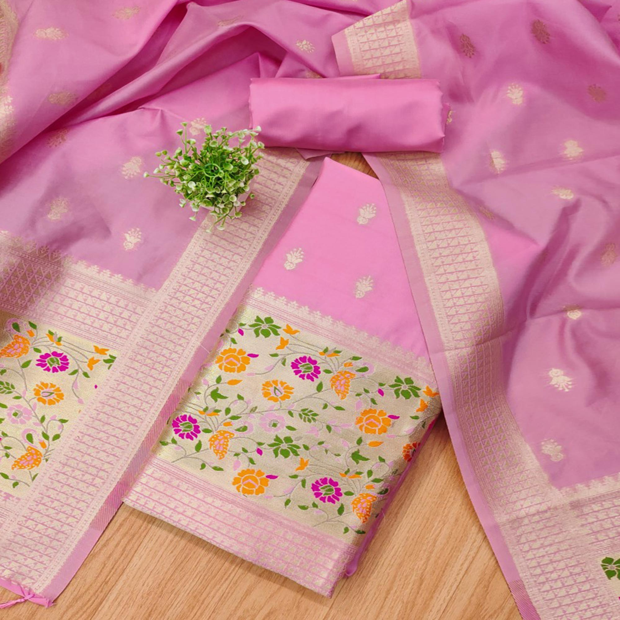 Baby Pink Floral Zari Woven Banarasi Silk Dress Material