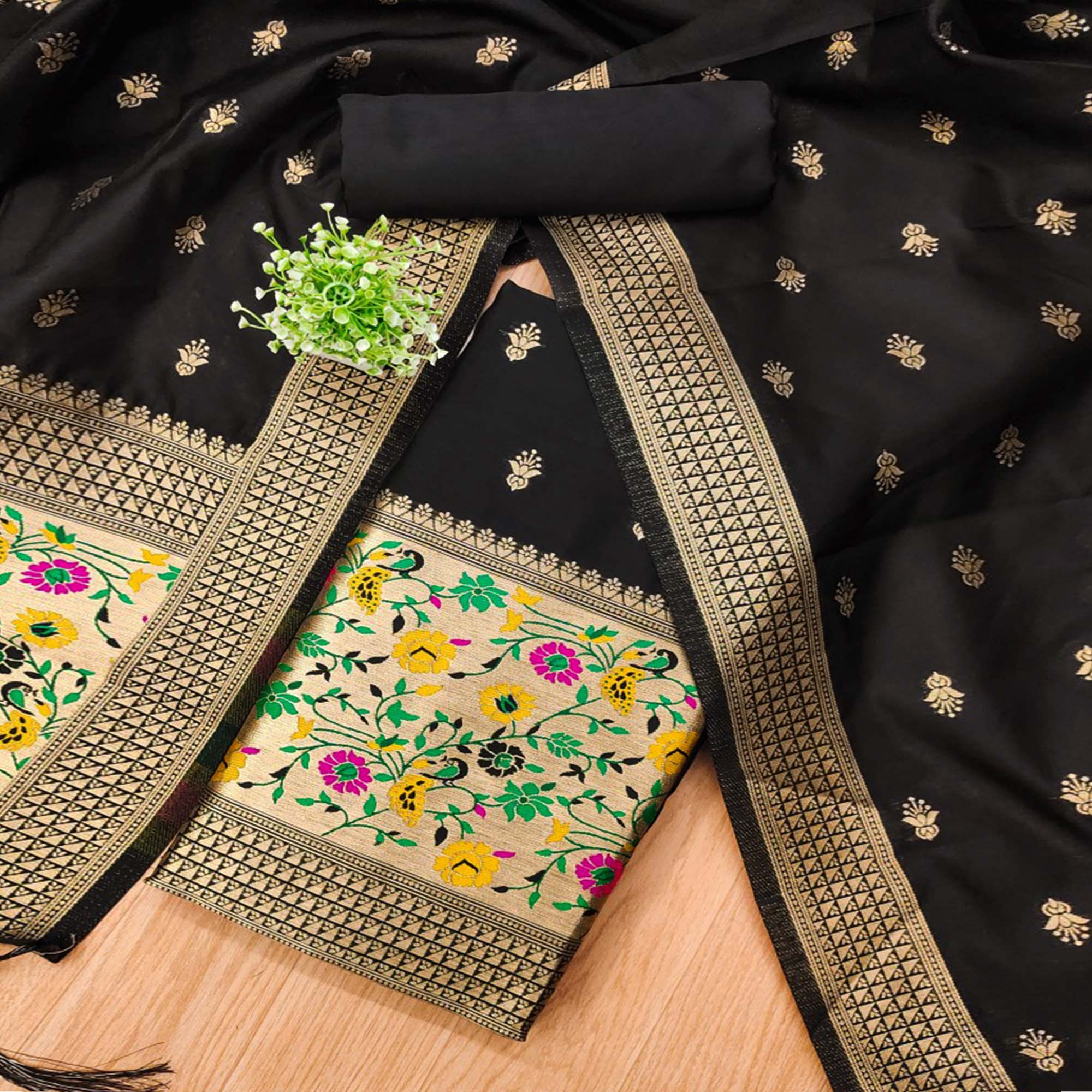 Black Floral Zari Woven Banarasi Silk Dress Material