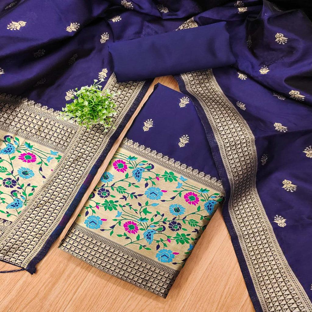 Navy Blue Floral Zari Woven Banarasi Silk Dress Material