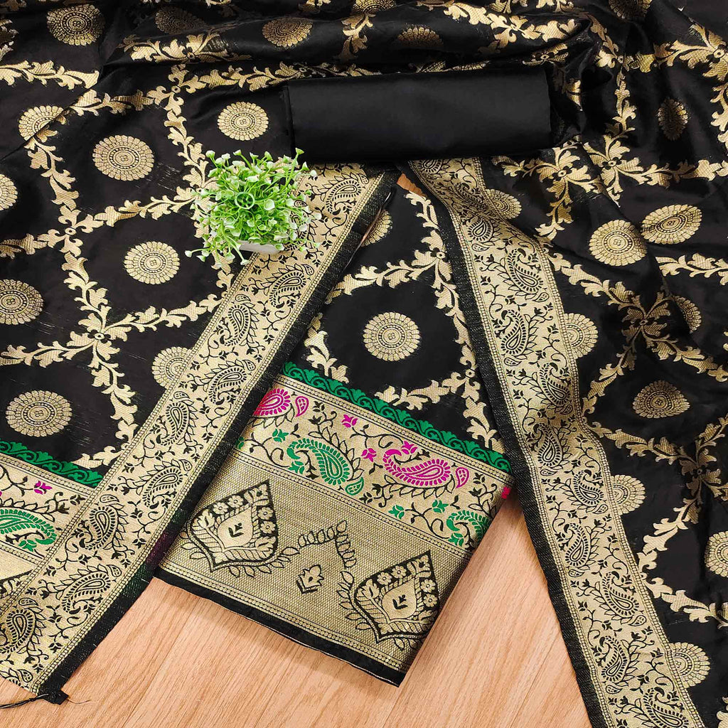 Black Zari Woven Banarasi Silk Dress Material With Elegant Floral Motifs