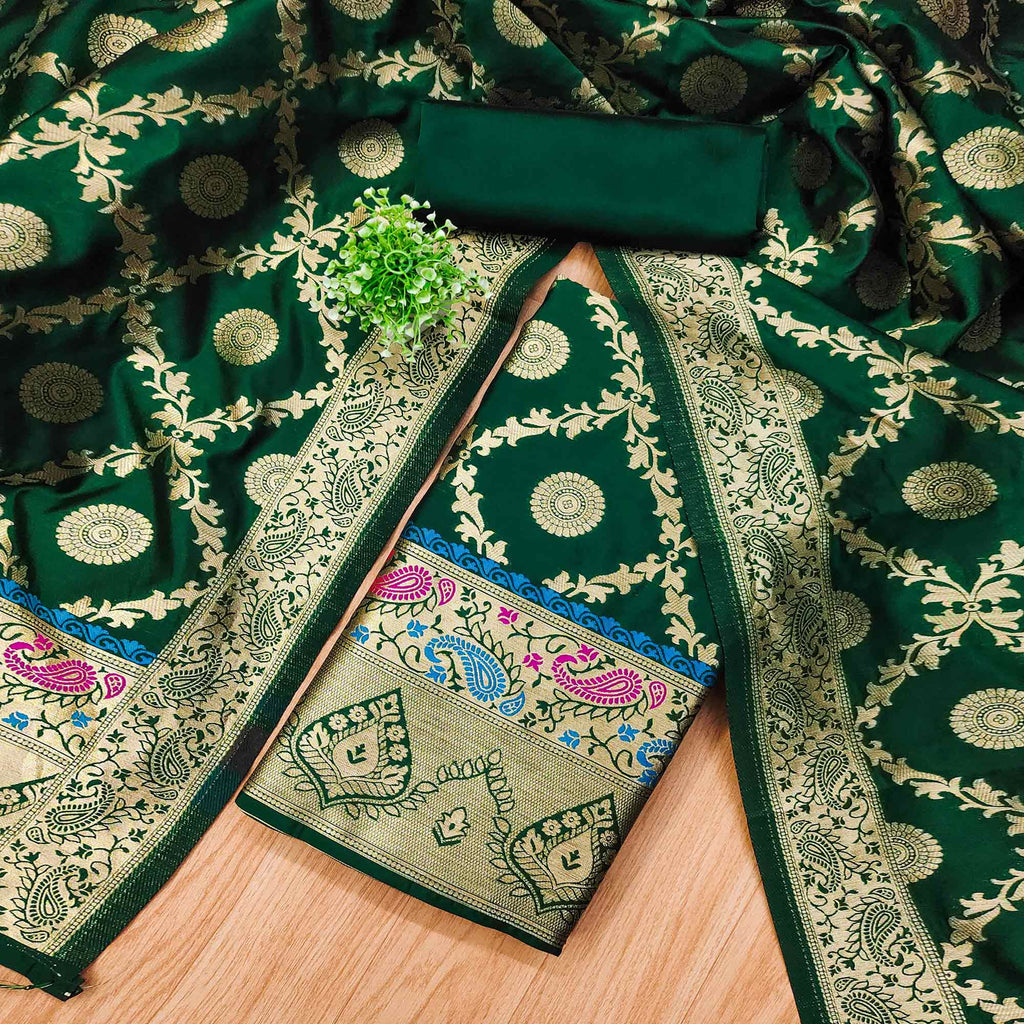 Bottle Green Zari Woven Banarasi Silk Dress Material With Elegant Floral Motifs