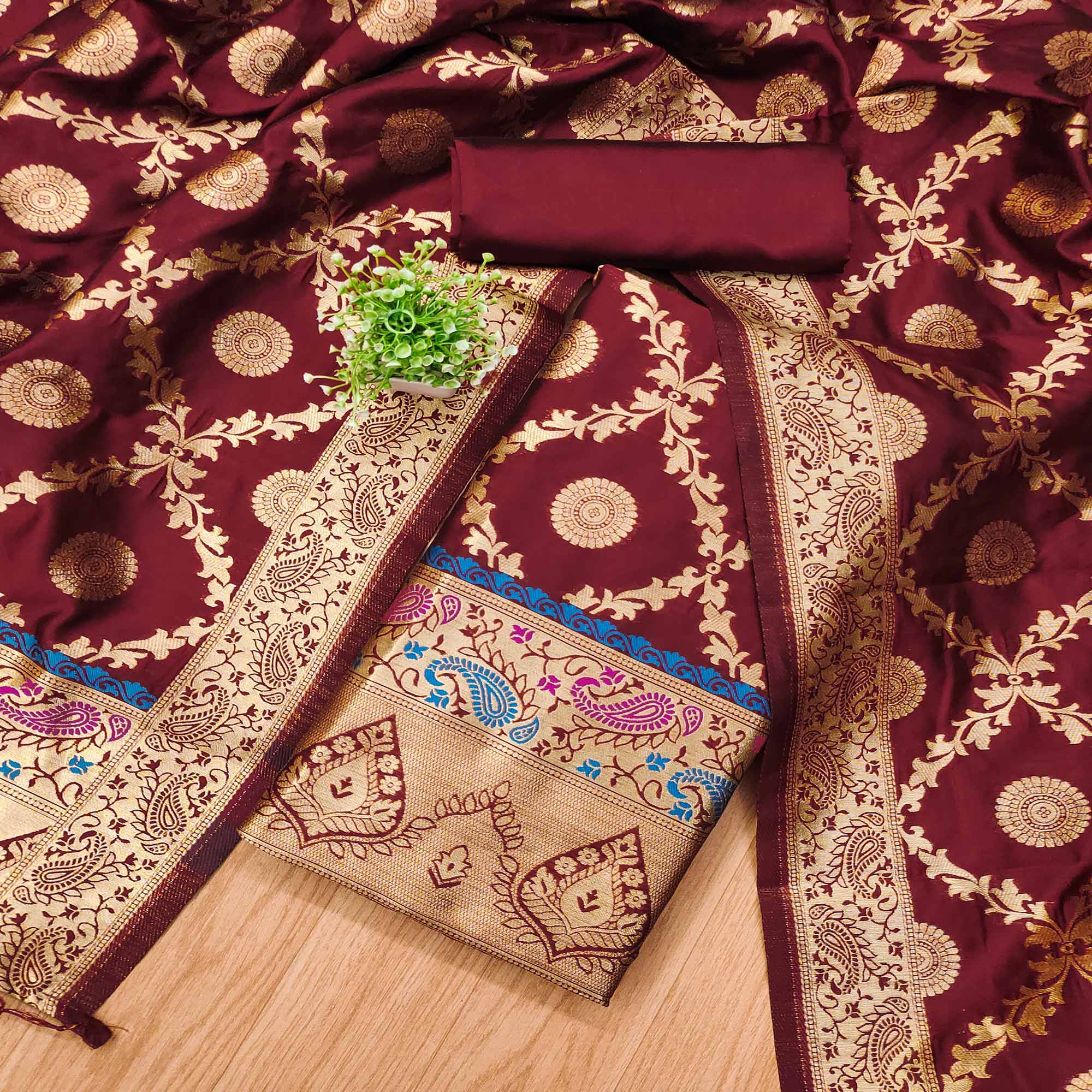 Maroon Zari Woven Banarasi Silk Dress Material With Elegant Floral Motifs