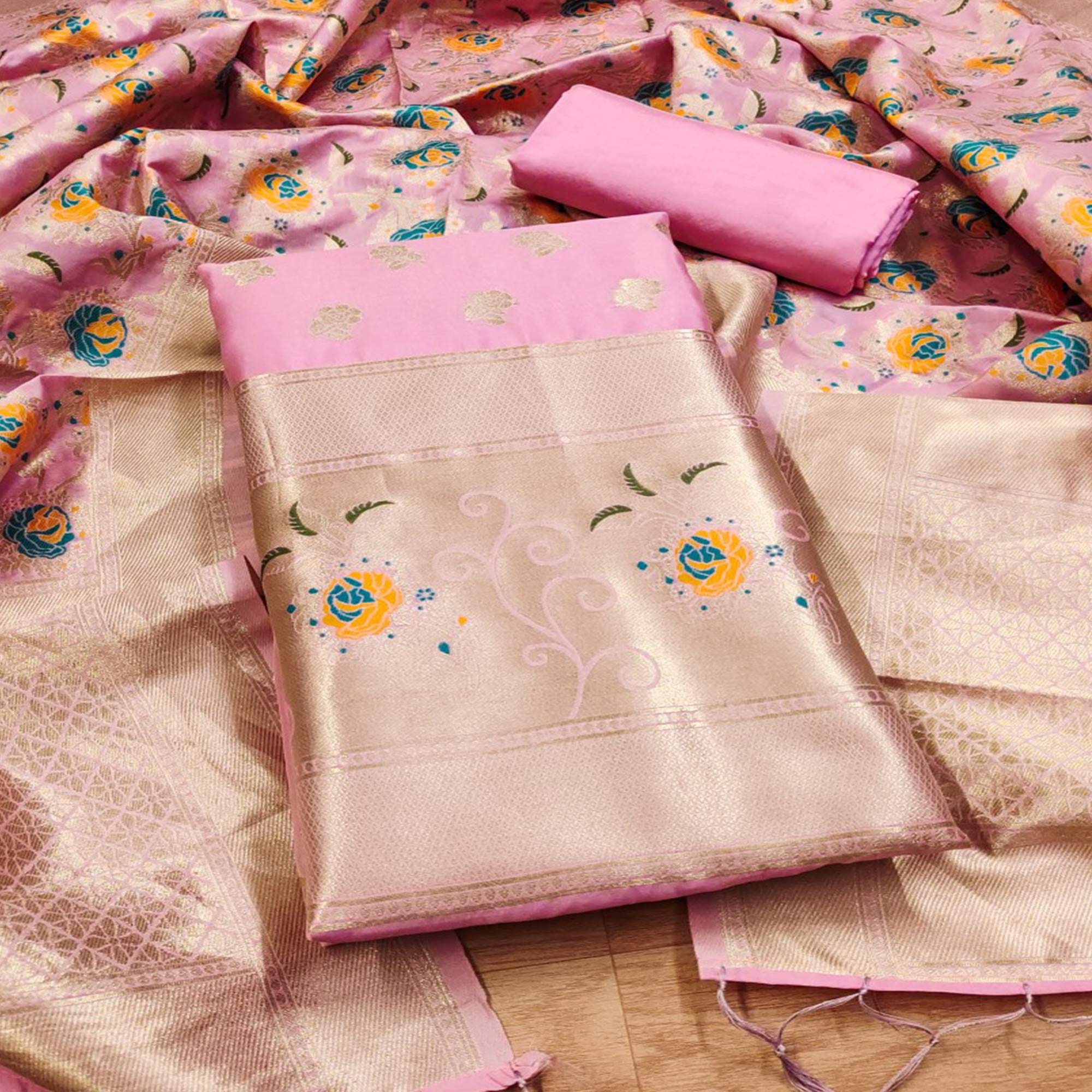 Baby Pink Floral Woven Banarasi Silk Dress Material