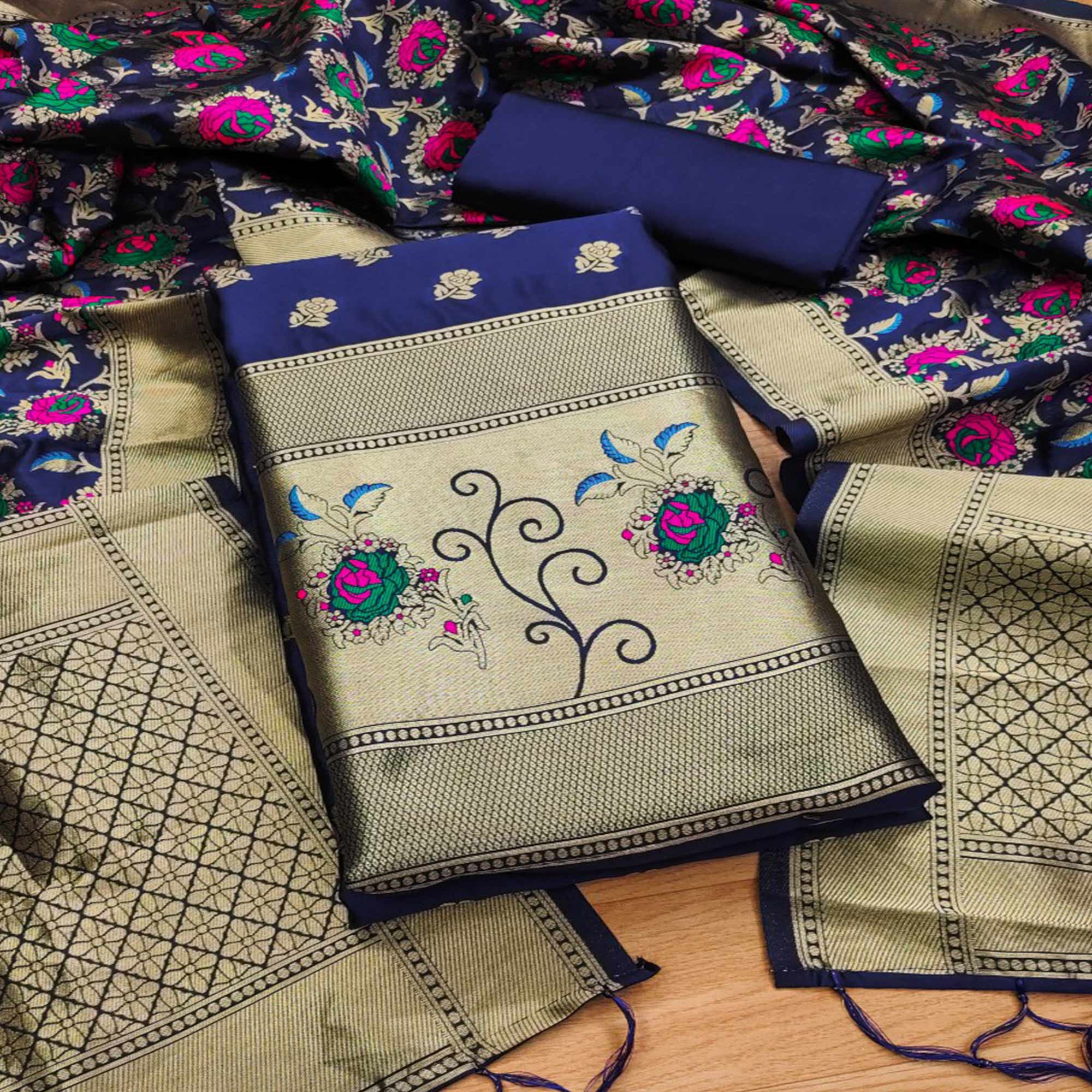Navy Blue Floral Woven Banarasi Silk Dress Material