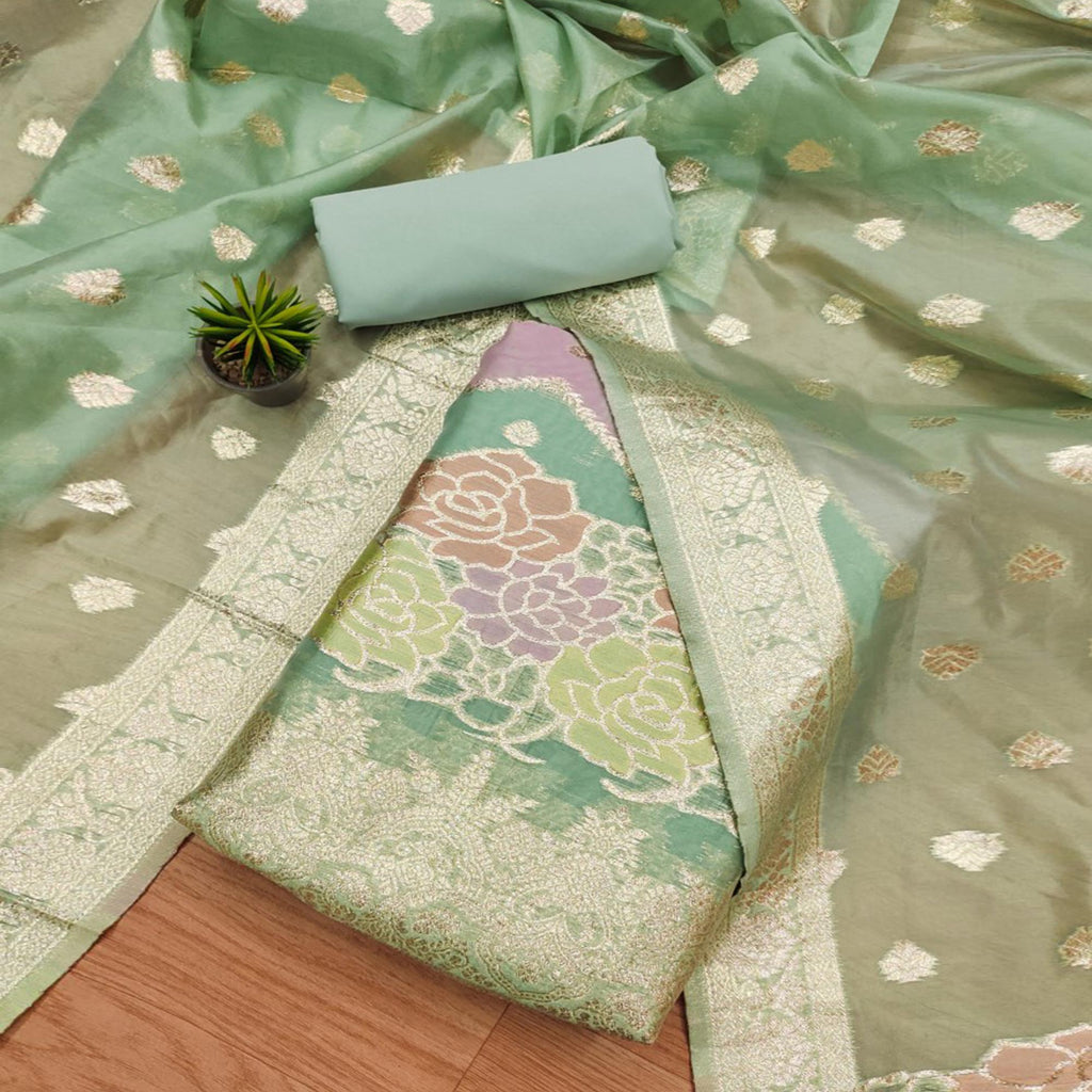 Green Floral Woven Organza Dress Material