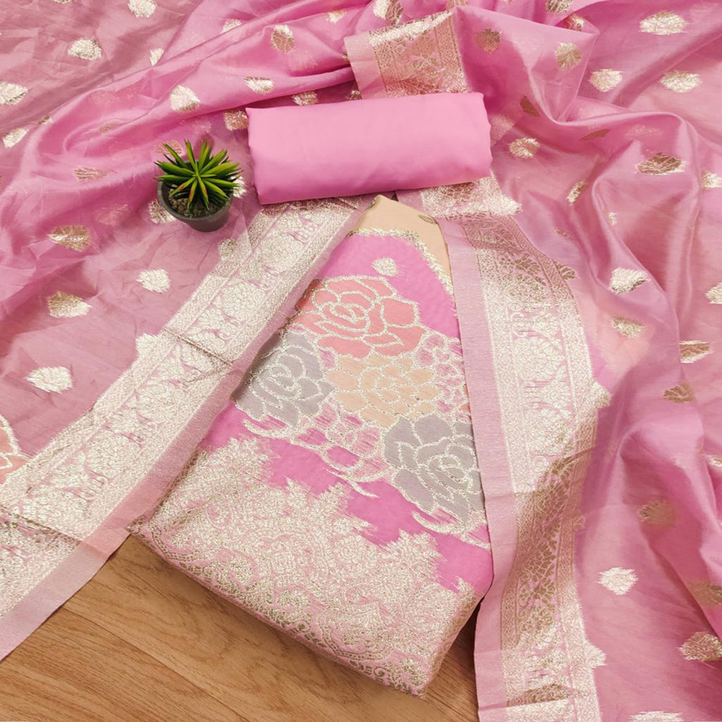 Pink Floral Woven Organza Dress Material