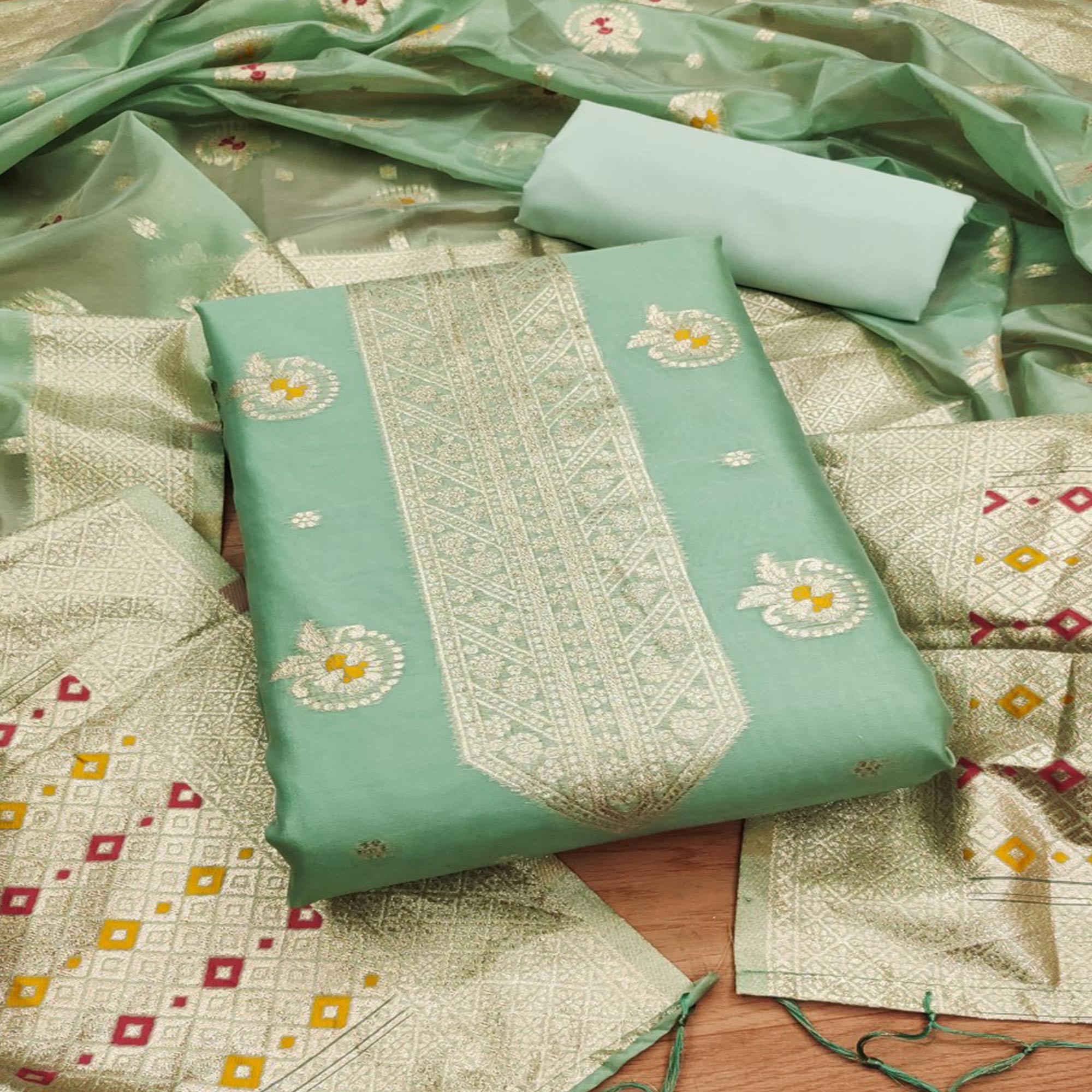 Green Floral Woven Organza Dress Material