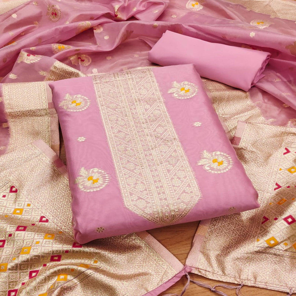 Pink Floral Woven Organza Dress Material