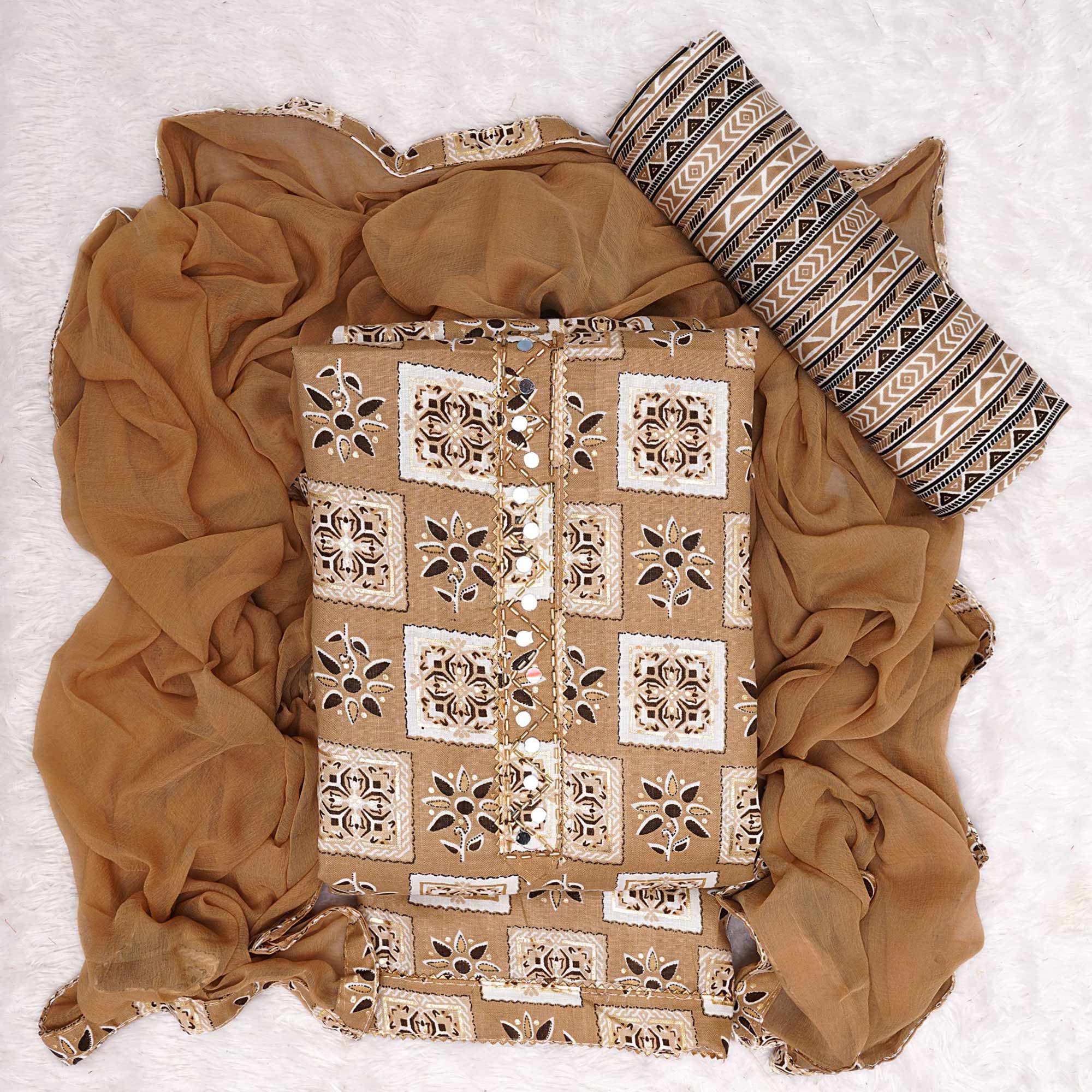 Chikoo Floral Printed Pure Cotton Dress Material