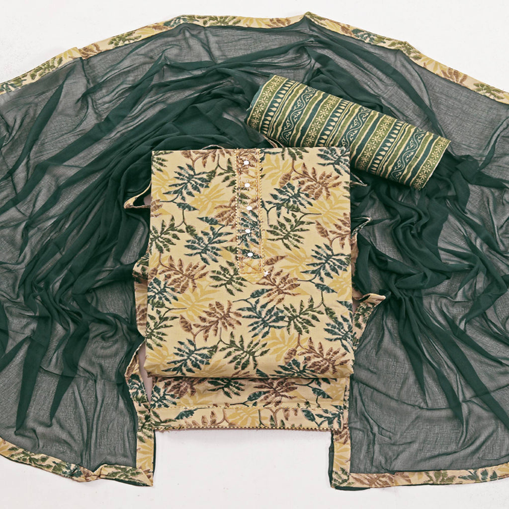 Chikoo & Green Foil Printed With Handwork Pure Pure Cotton Dress Material