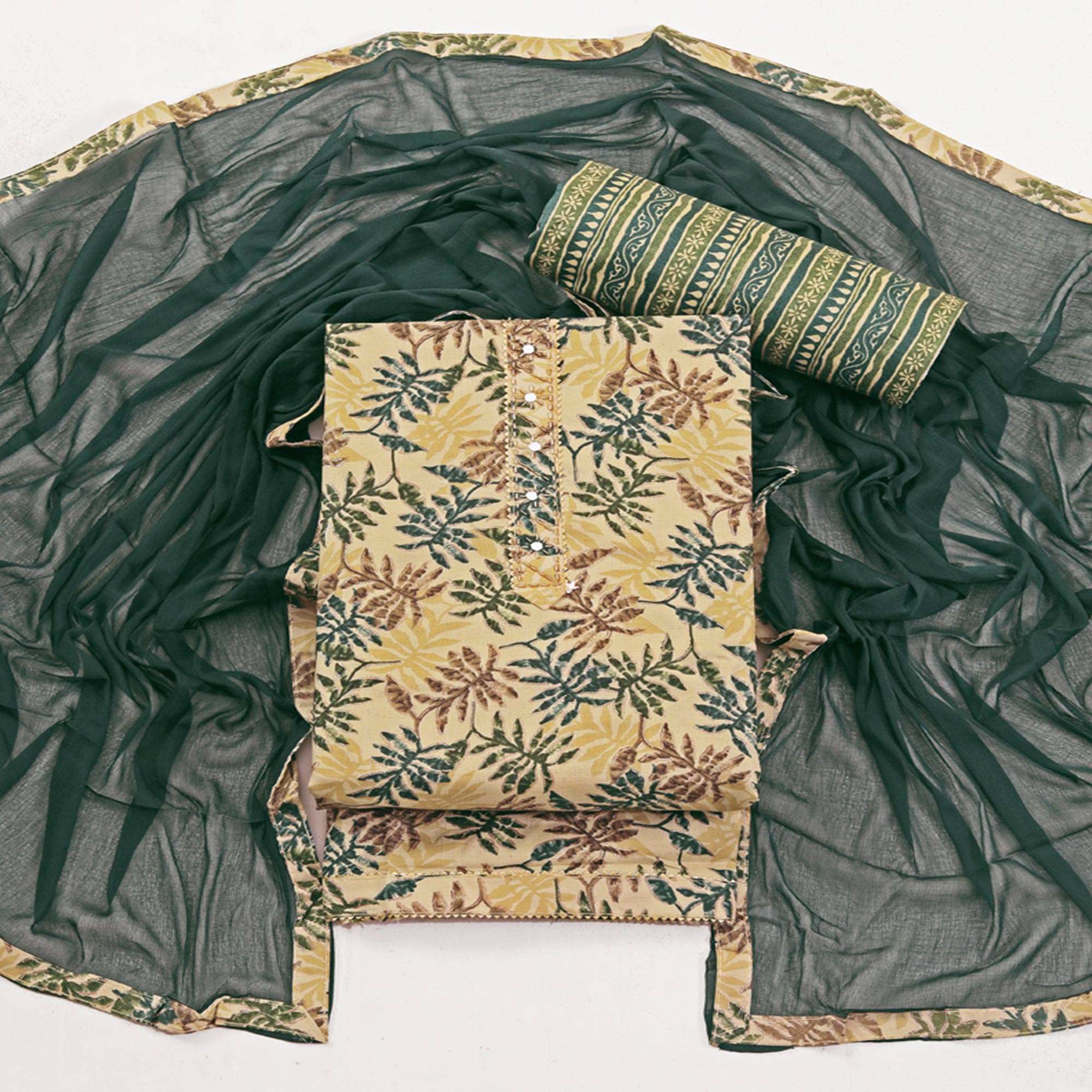 Chikoo & Green Foil Printed With Handwork Pure Pure Cotton Dress Material