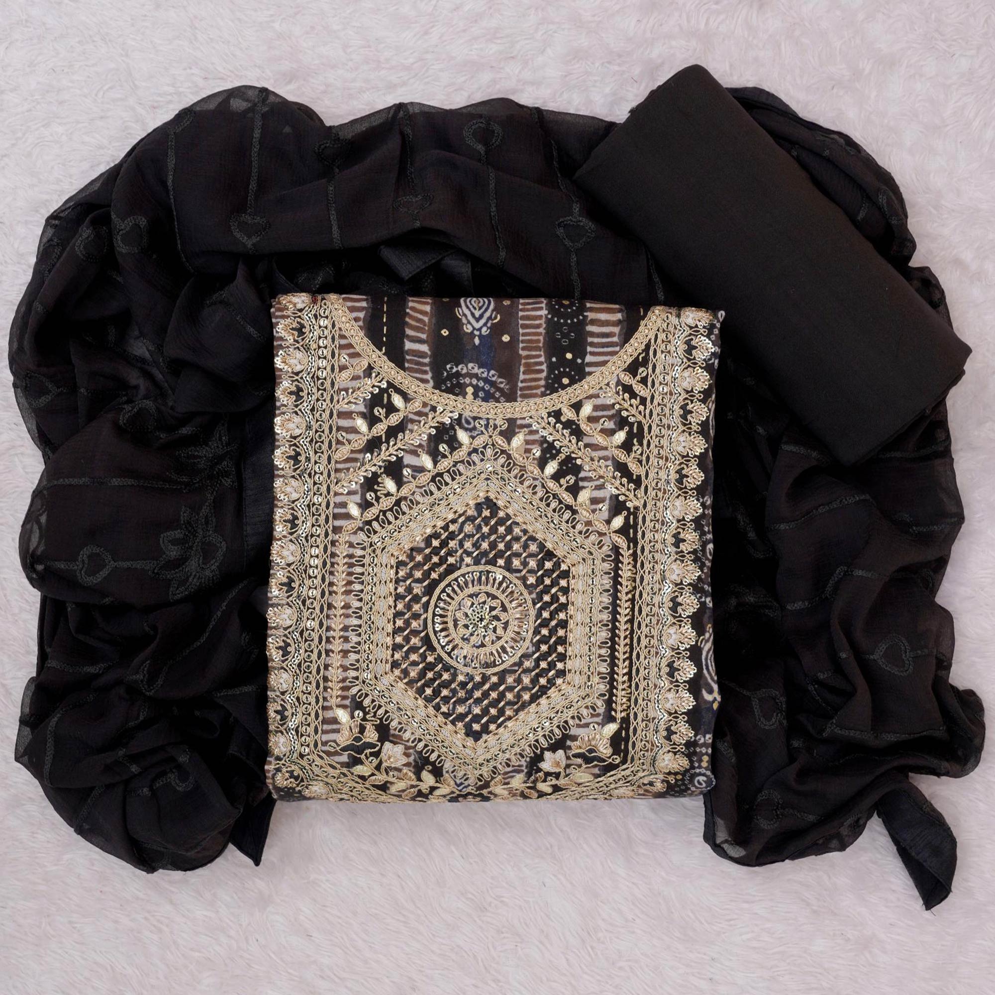 Brown Bandhani Printed Rayon Dress Material