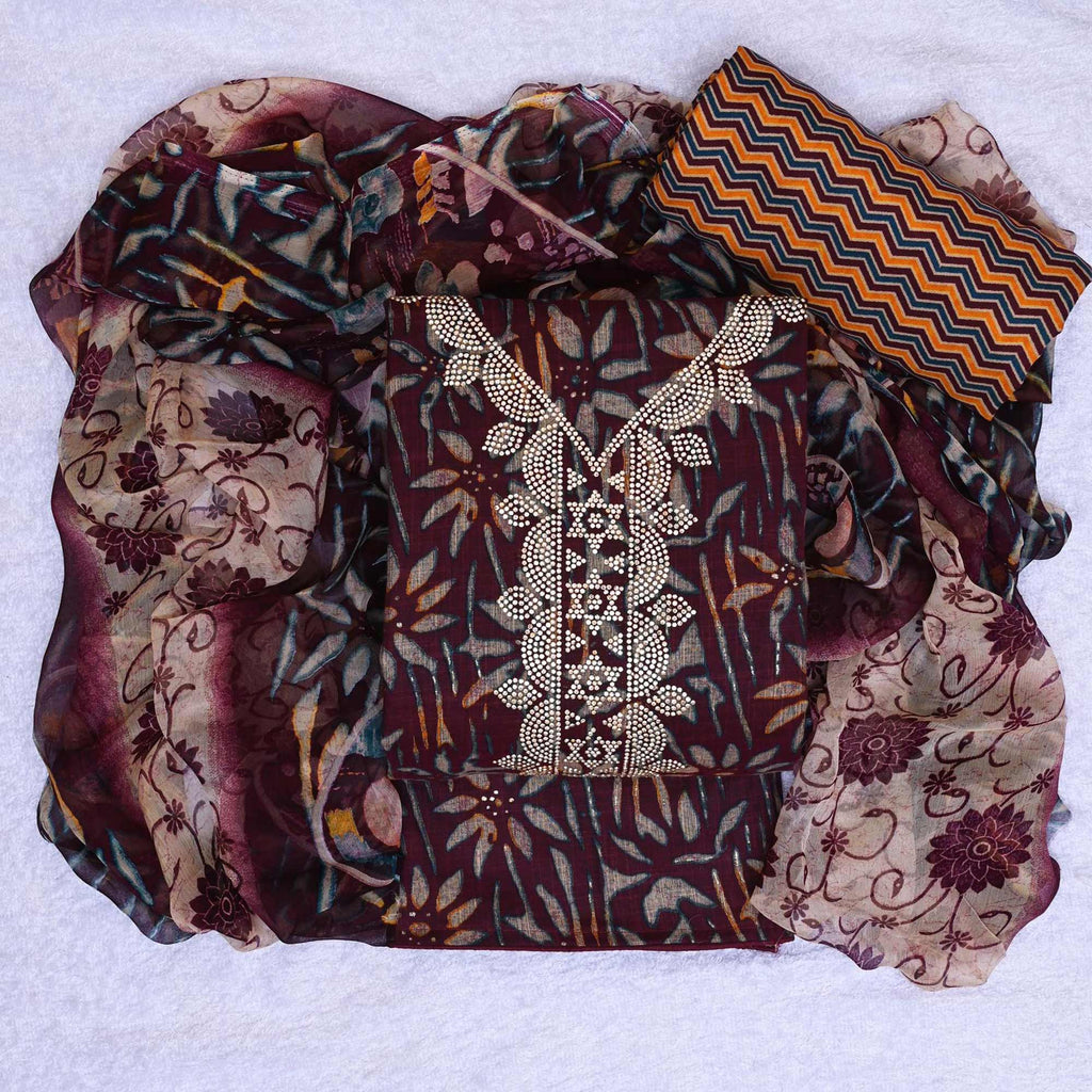 Maroon Floral Printed Pure Cotton Dress Material