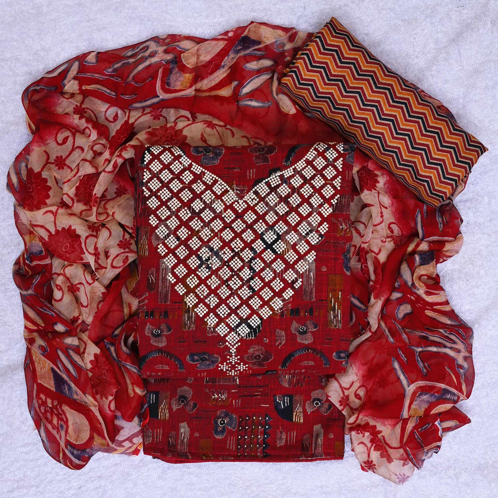 Maroon Floral Printed With Stone Work Yoke Pure Cotton Dress Material