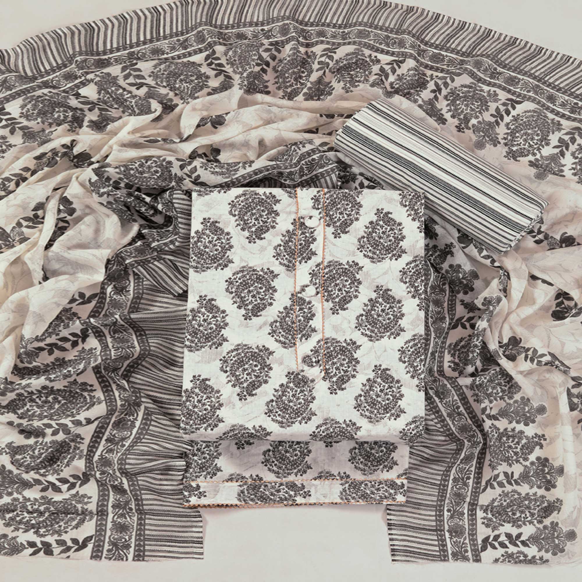 Offwhite Floral Printed With Gota Patti Work Pure Cotton Dress Material