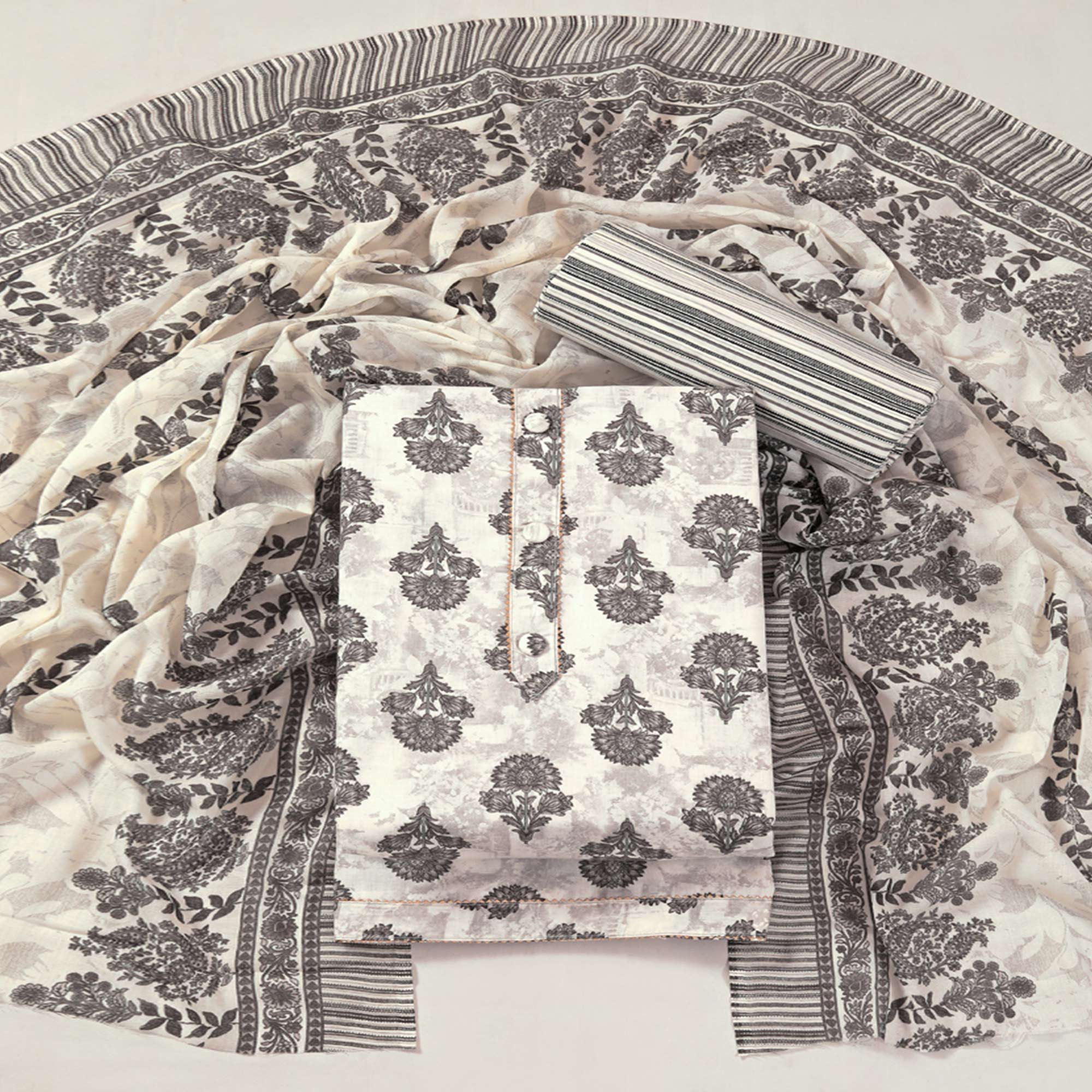 Offwhite Floral Printed With Gota Patti Work Pure Cotton Dress Material