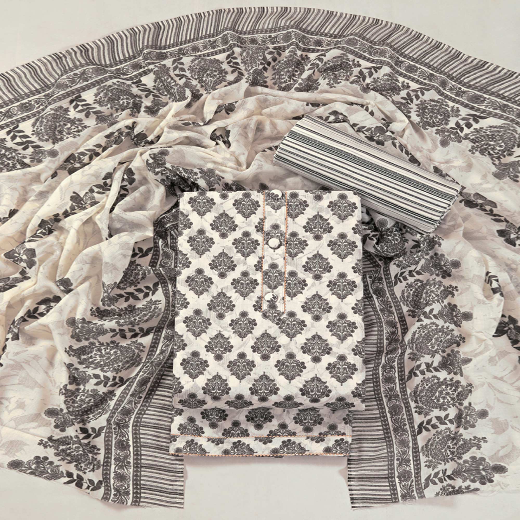 Offwhite Floral Printed With Gota Patti Work Pure Cotton Dress Material