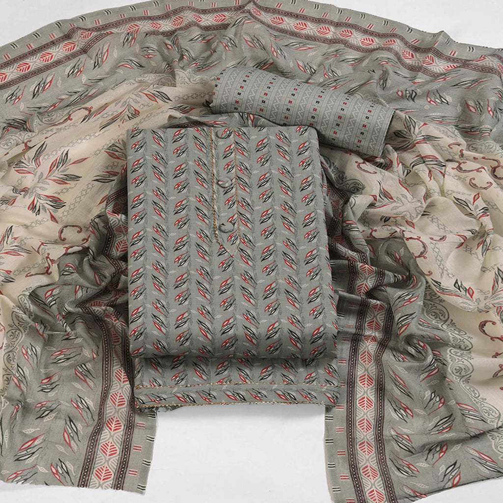 Fresh Grey Dress Material in Pure Cotton with Subtle Leaf Print Accents