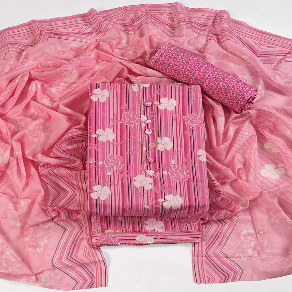 Elegant Pink Pure Cotton Ensemble Showcasing Subtle Floral Print Work Dress Material