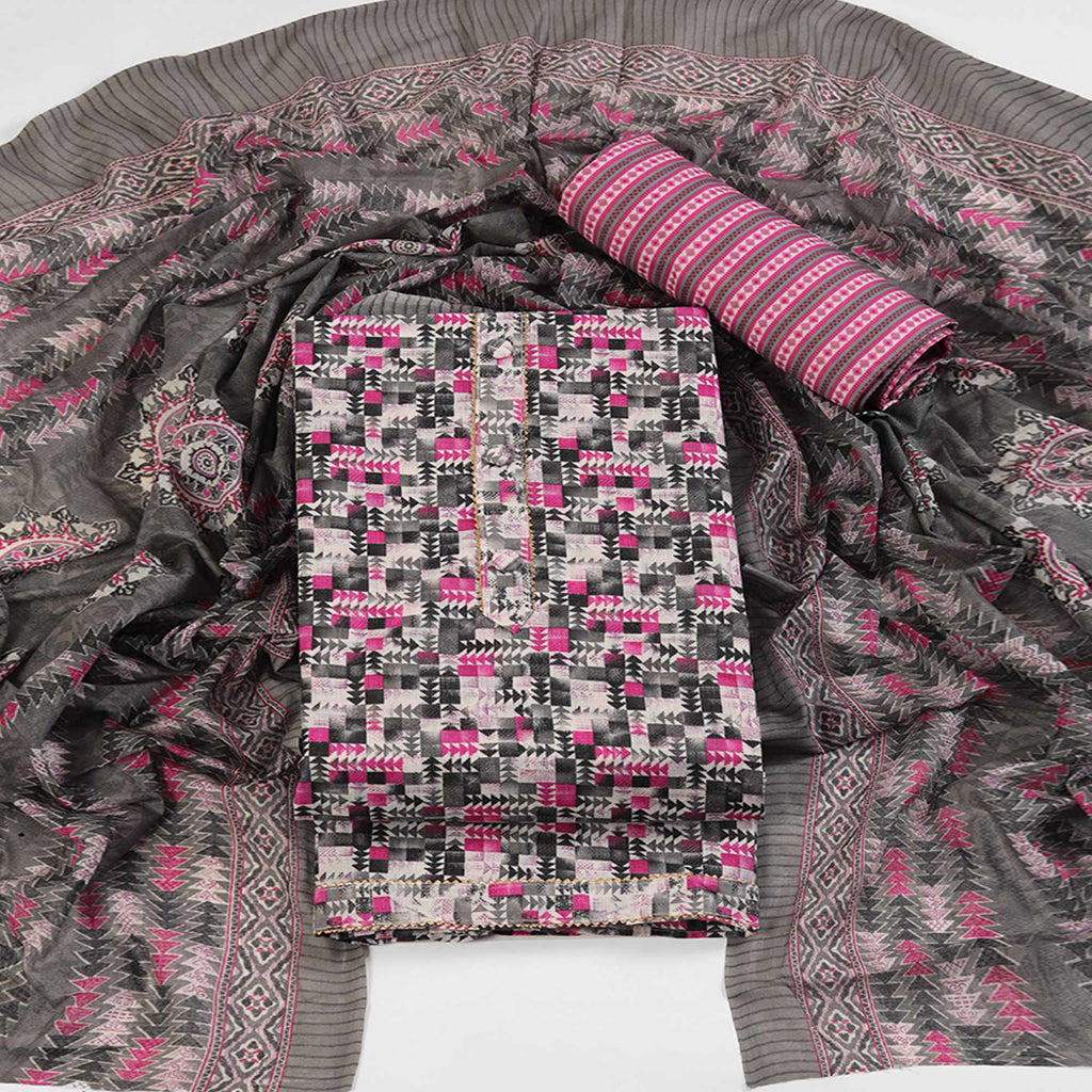 Cotton Dress Material Featuring a Grey and Pink Palette with Artistic Geometric Patterns