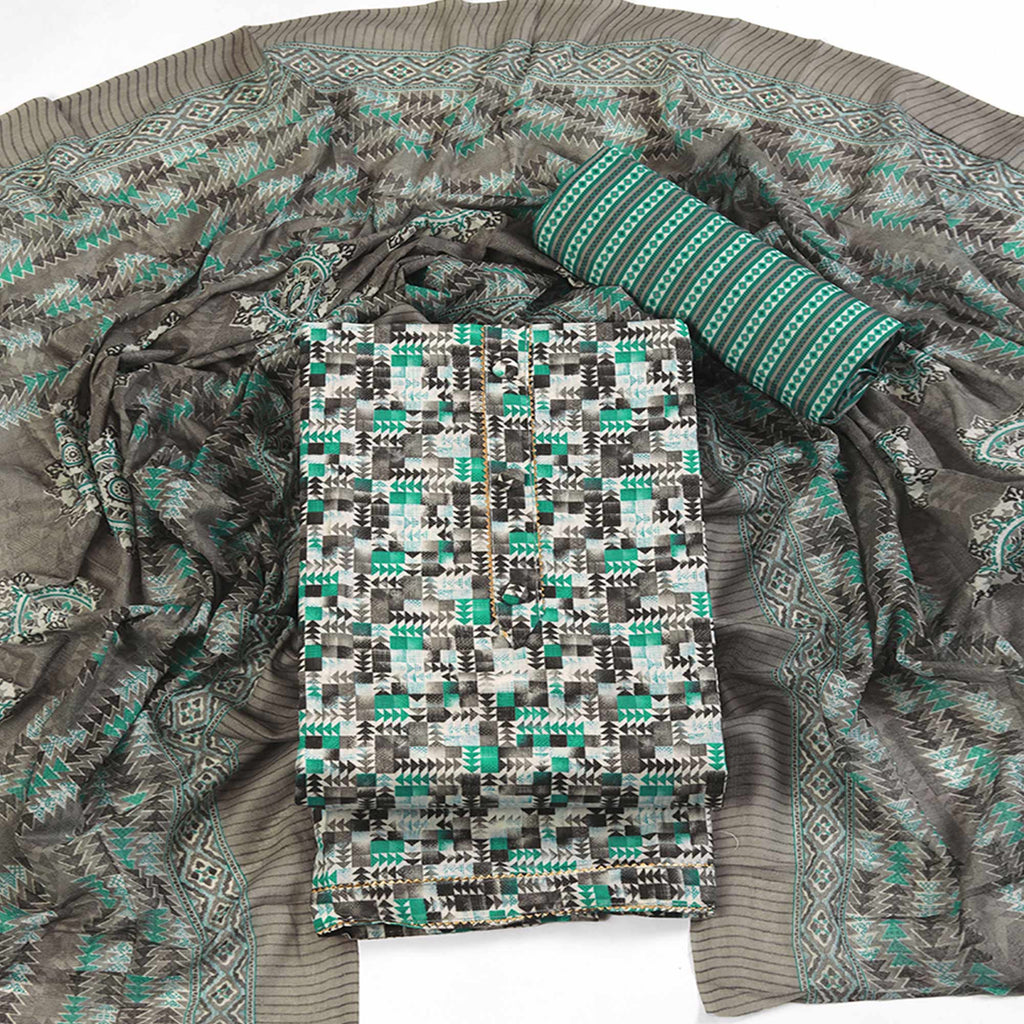 Cotton Dress Material Featuring a Grey and Rama Green Palette with Artistic Geometric Patterns