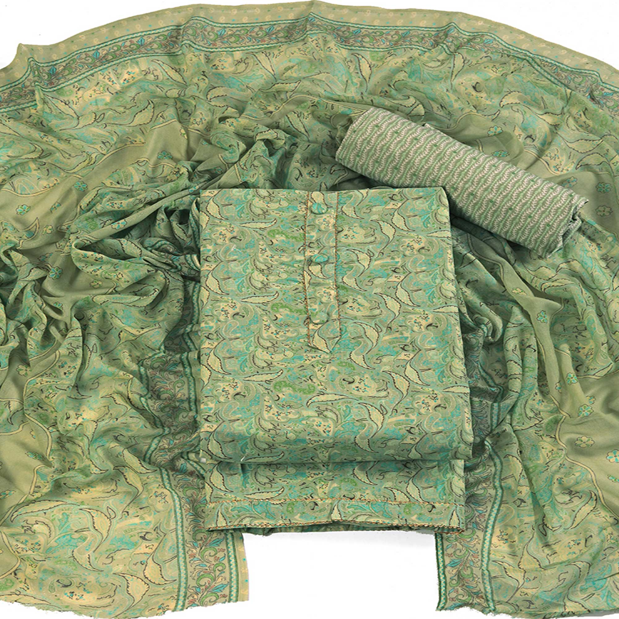 Floral Elegance in Green Pure Cotton Unstitched Dress Material