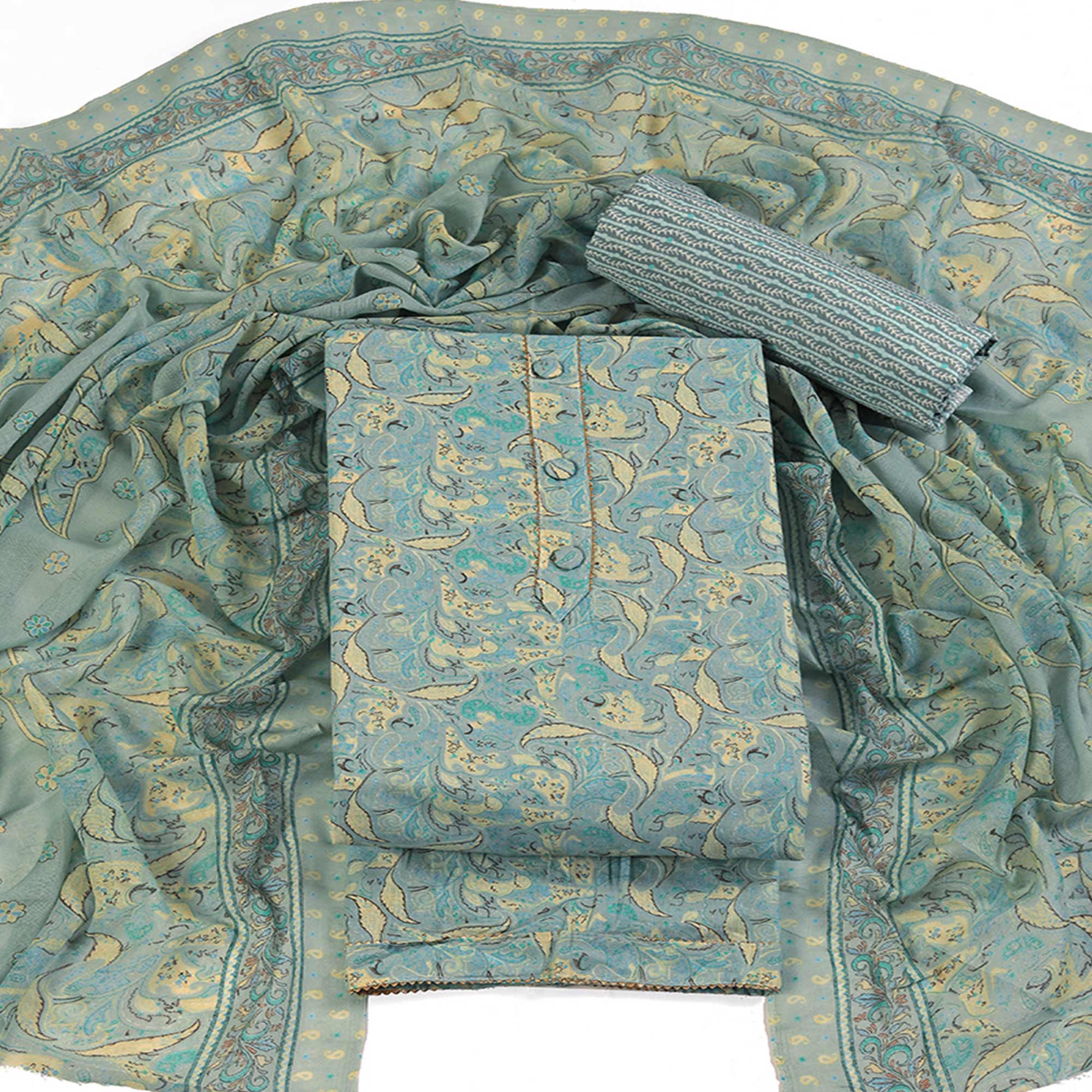 Floral Elegance in Pastel Green Pure Cotton Unstitched Dress Material