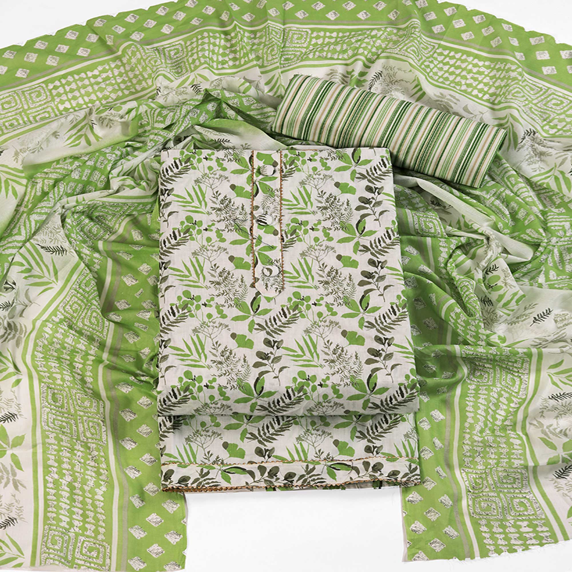 Floral Motifs on Green Pure Cotton Dress Material for Effortless Style