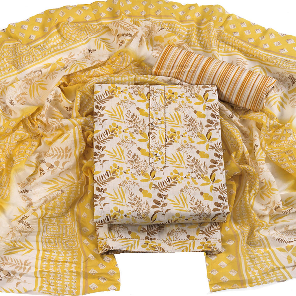Floral Motifs on Mustard Pure Cotton Dress Material for Effortless Style