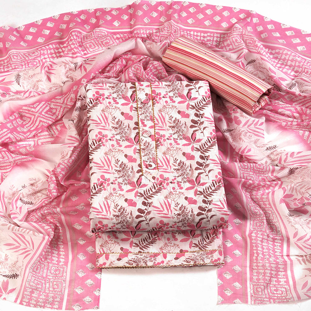 Floral Motifs on Pink Pure Cotton Dress Material for Effortless Style