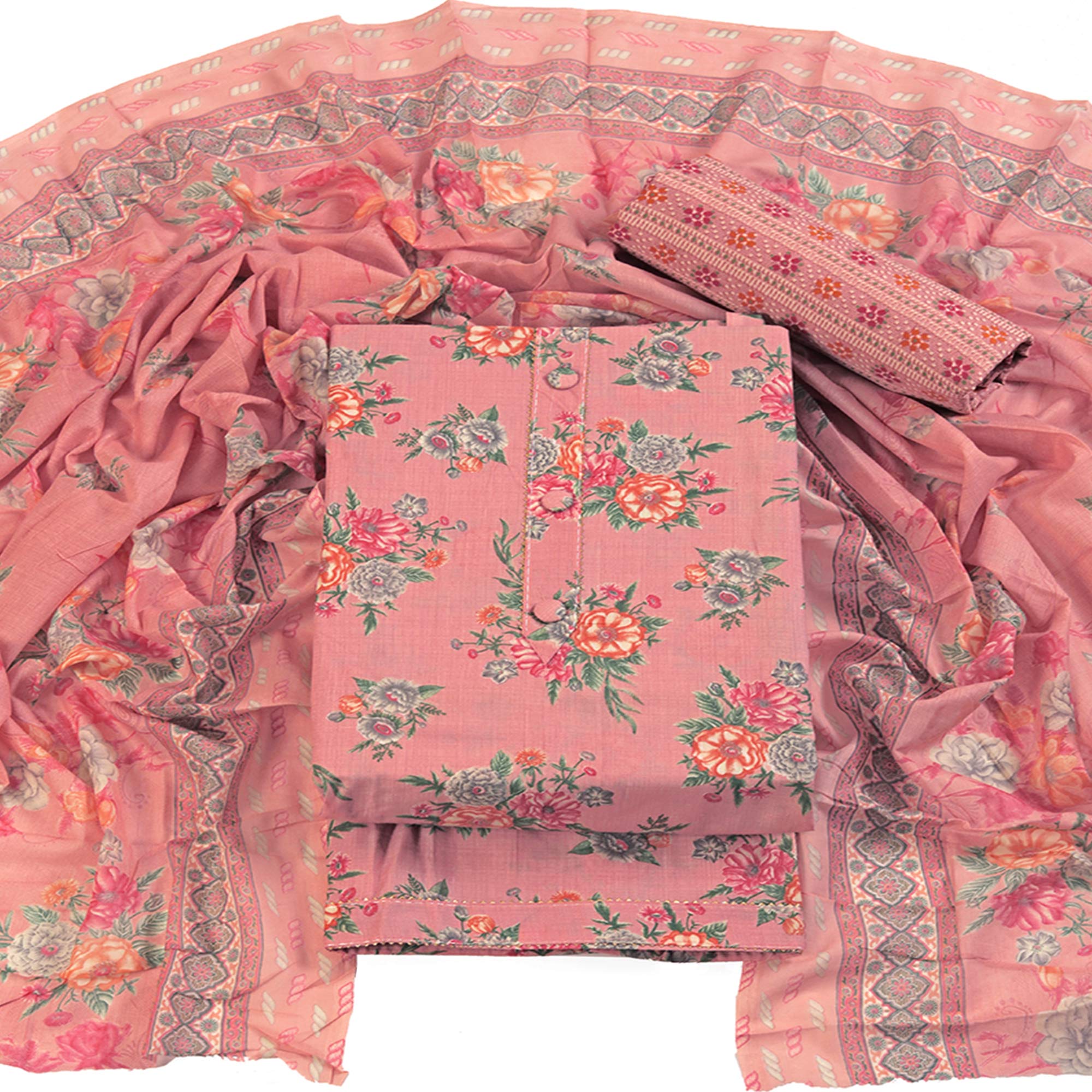 Charming Pink Dress Material in Pure Cotton with Subtle Floral Pattern Work