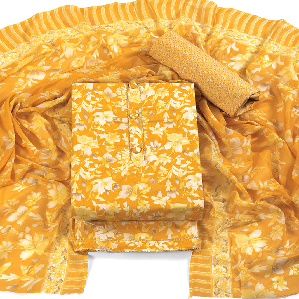 Mustard Floral Motif Printed Dress Material for Effortless Elegance