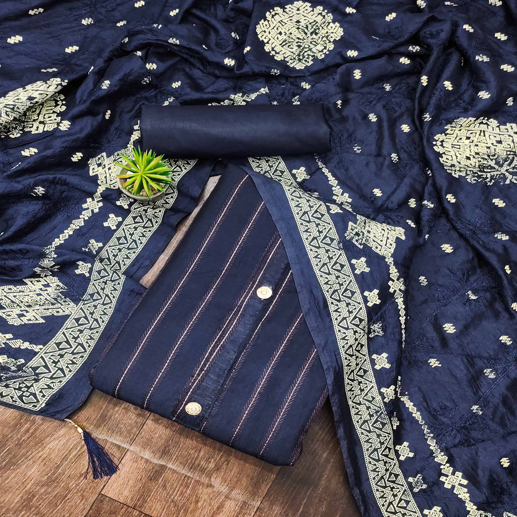 Navy Blue Woven Modal Dress Material