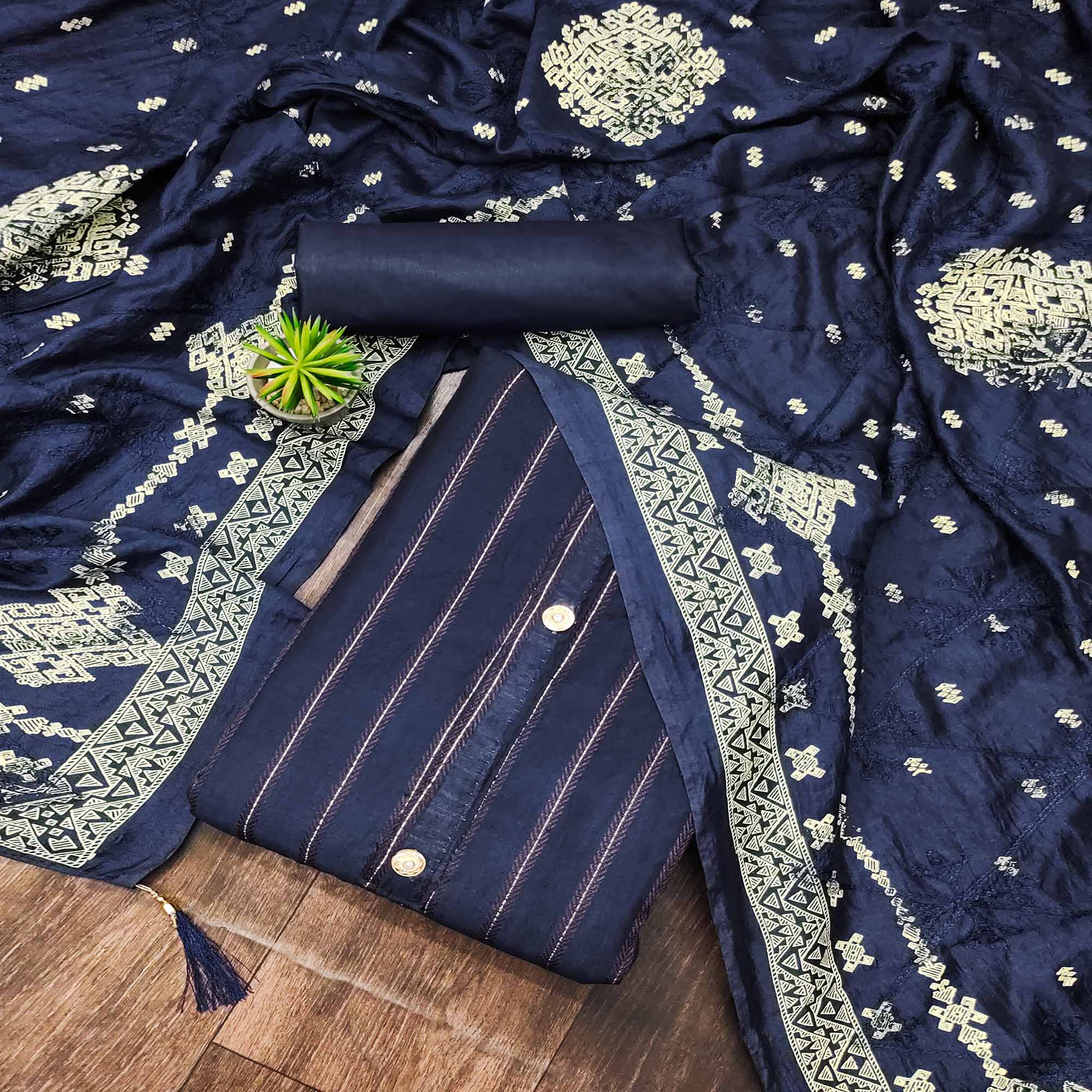 Navy Blue Woven Modal Dress Material