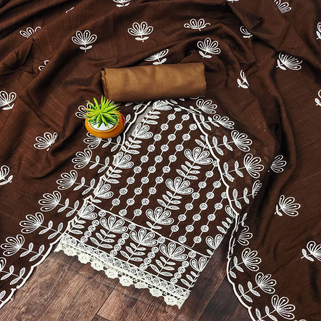 Brown Floral Embroidered Vichitra Silk Dress Material