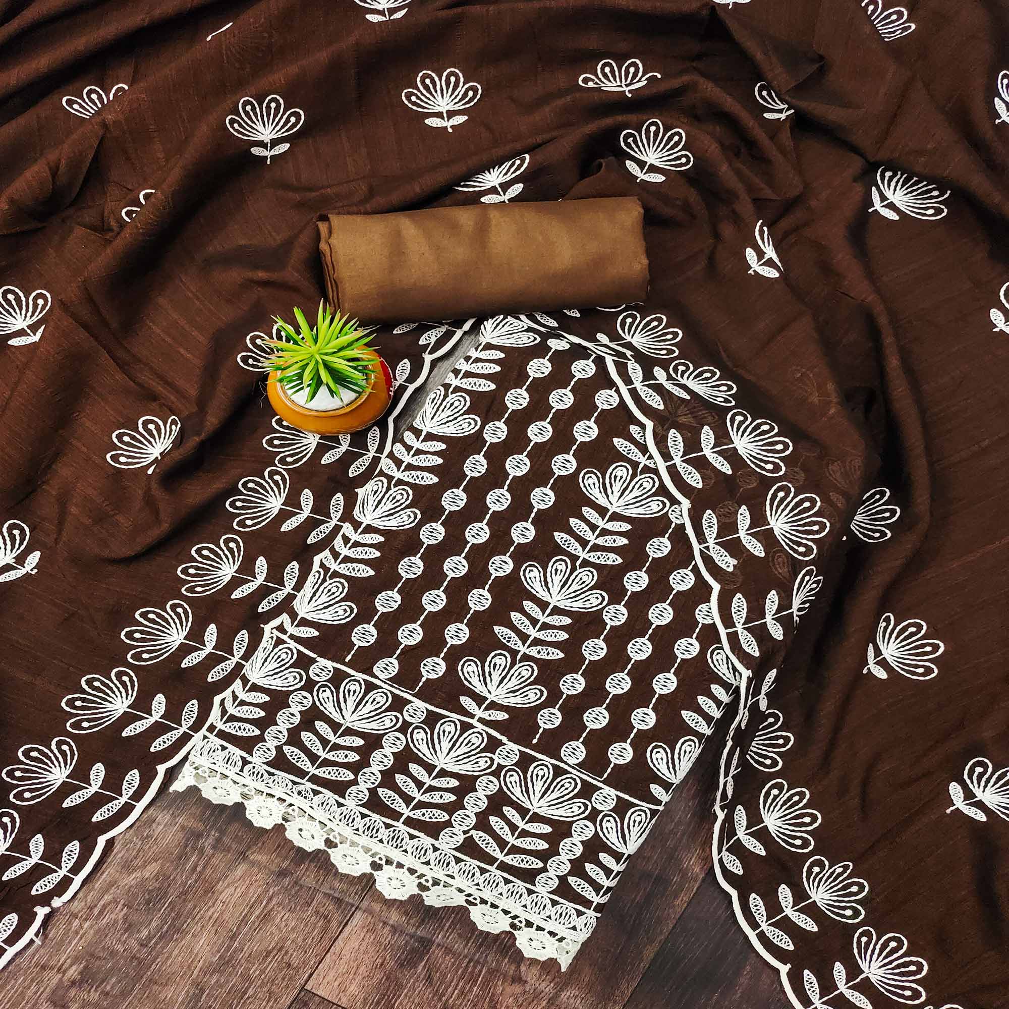 Brown Floral Embroidered Vichitra Silk Dress Material